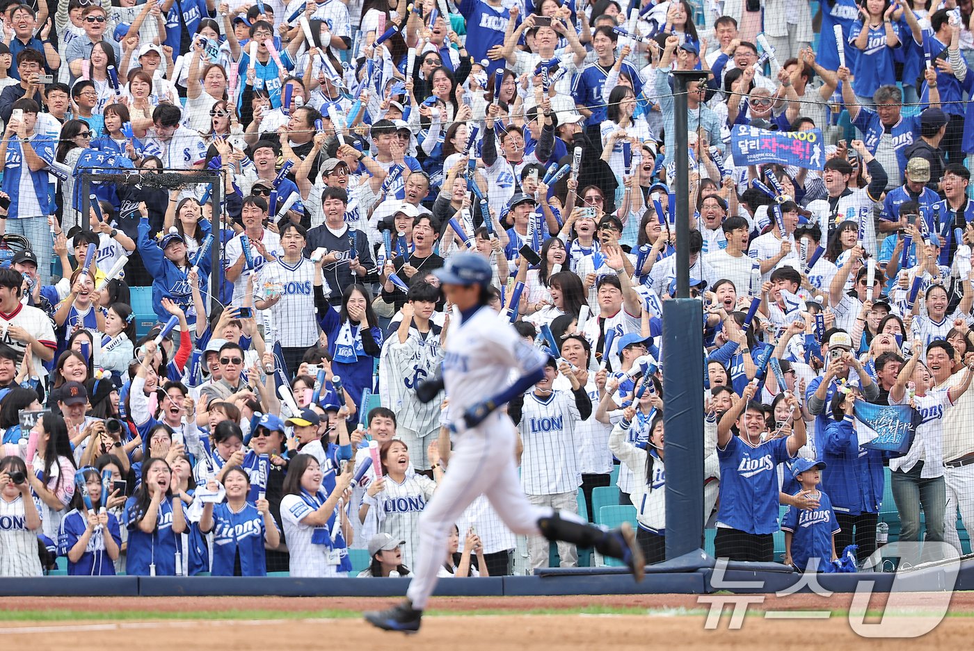 본문 이미지 - 13일 오후 대구 삼성라이온즈파크에서 열린 프로야구 '2024 신한 SOL 뱅크 KBO 포스트시즌' 플레이오프 1차전 LG 트윈스와 삼성 라이온즈의 경기, 3루 삼성 응원단이 3회말 무사 1,3루 상황에서 구자욱의 스리런 홈런이 나오자 환호하고 있다. 2024.10.13/뉴스1 ⓒ News1 김진환 기자