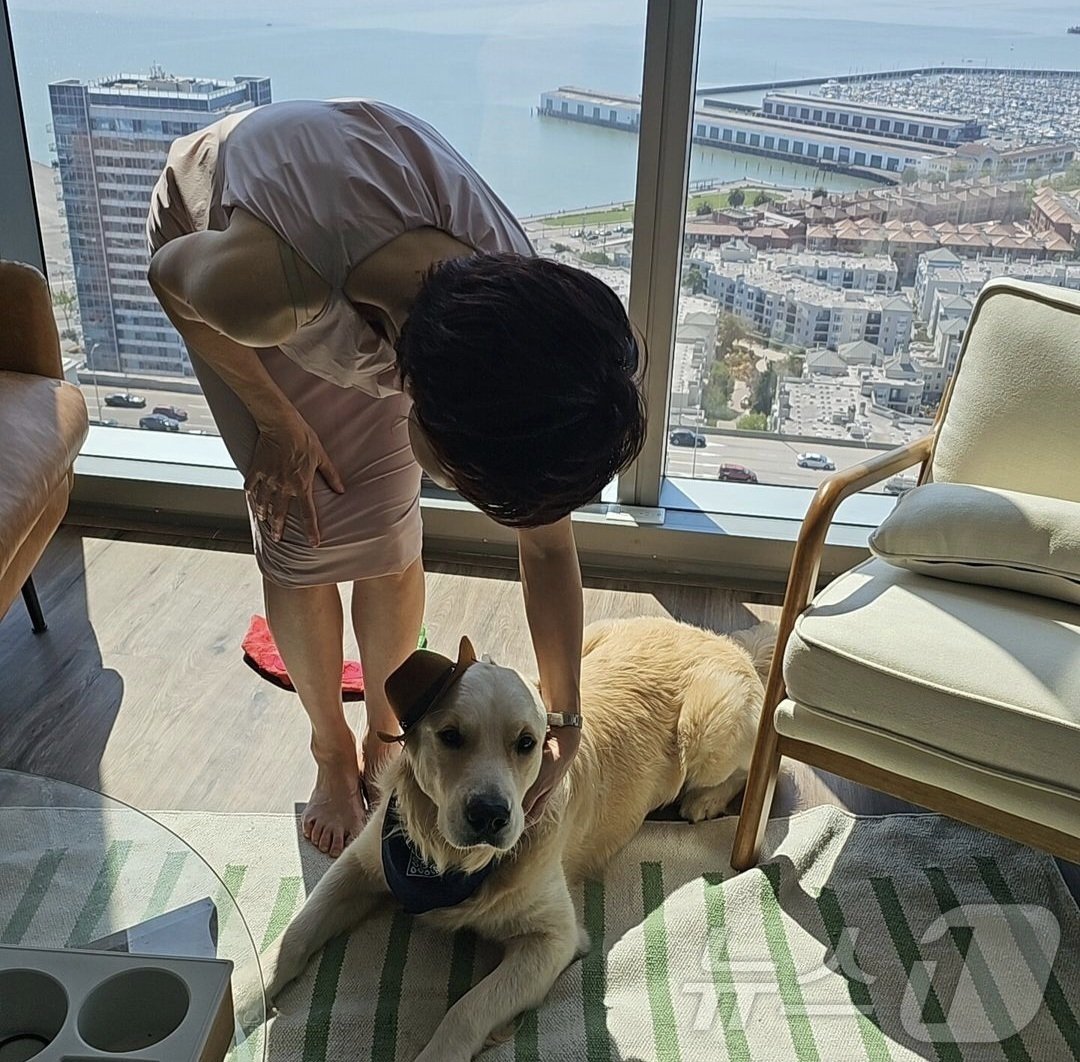 본문 이미지 - 노소영 아트센터 나비 관장이 둘째 딸인 최민정씨의 반려견 후추와 사진을 찍고 있다.&#40;노소영 관장 SNS&#41; ⓒ News1 최동현 기자
