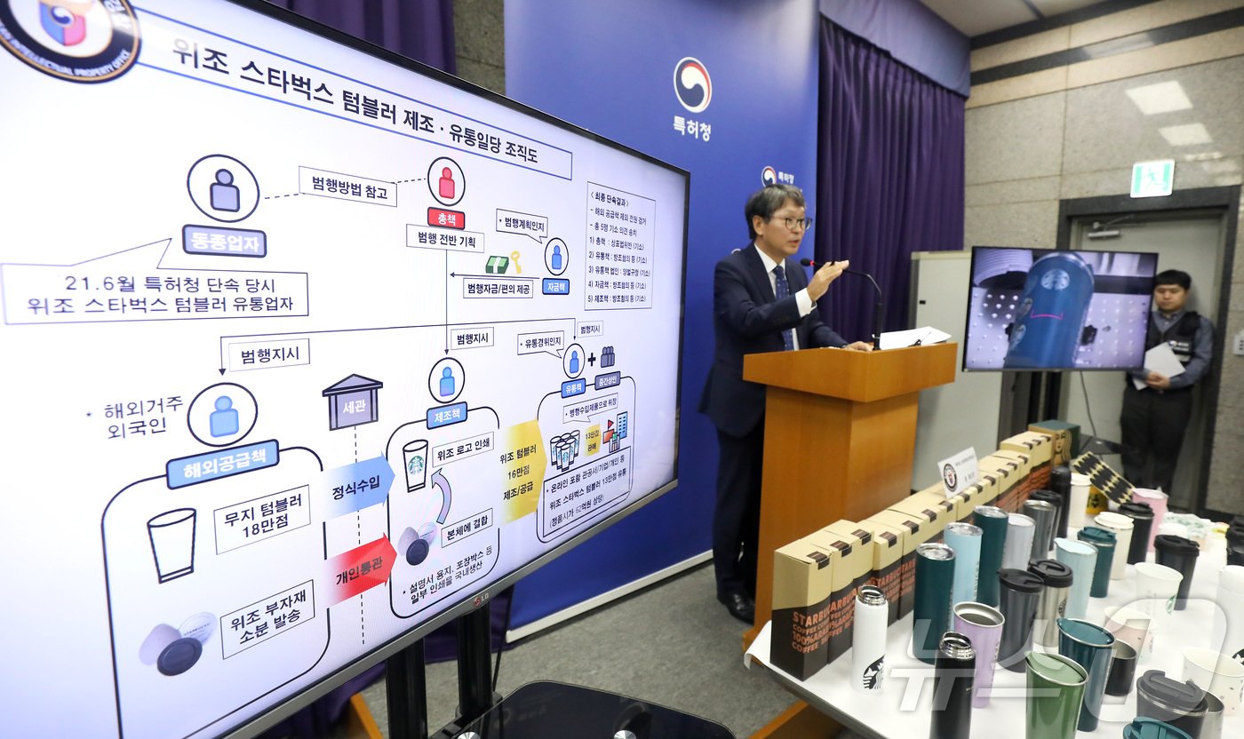 본문 이미지 - 정인식 특허청 산업재산보호협력국장이 15일 정부대전청사 특허청에서 유명 S회사의 텀블러 위조상품 제조·유통 조직 검거 내용을 발표하고 있다. 특허청 상표특별사법경찰은 무지 텀블러 제품을 수입한 후 국내 인쇄 공장에서 위조상품 상표 로고를 인쇄하는 방법으로 위조 텀블러 본체를 제작 유통한 일당 5명을 기소 의견으로 송치 했다고 밝혔다.2024.10.15/뉴스1 ⓒ News1 김기남 기자