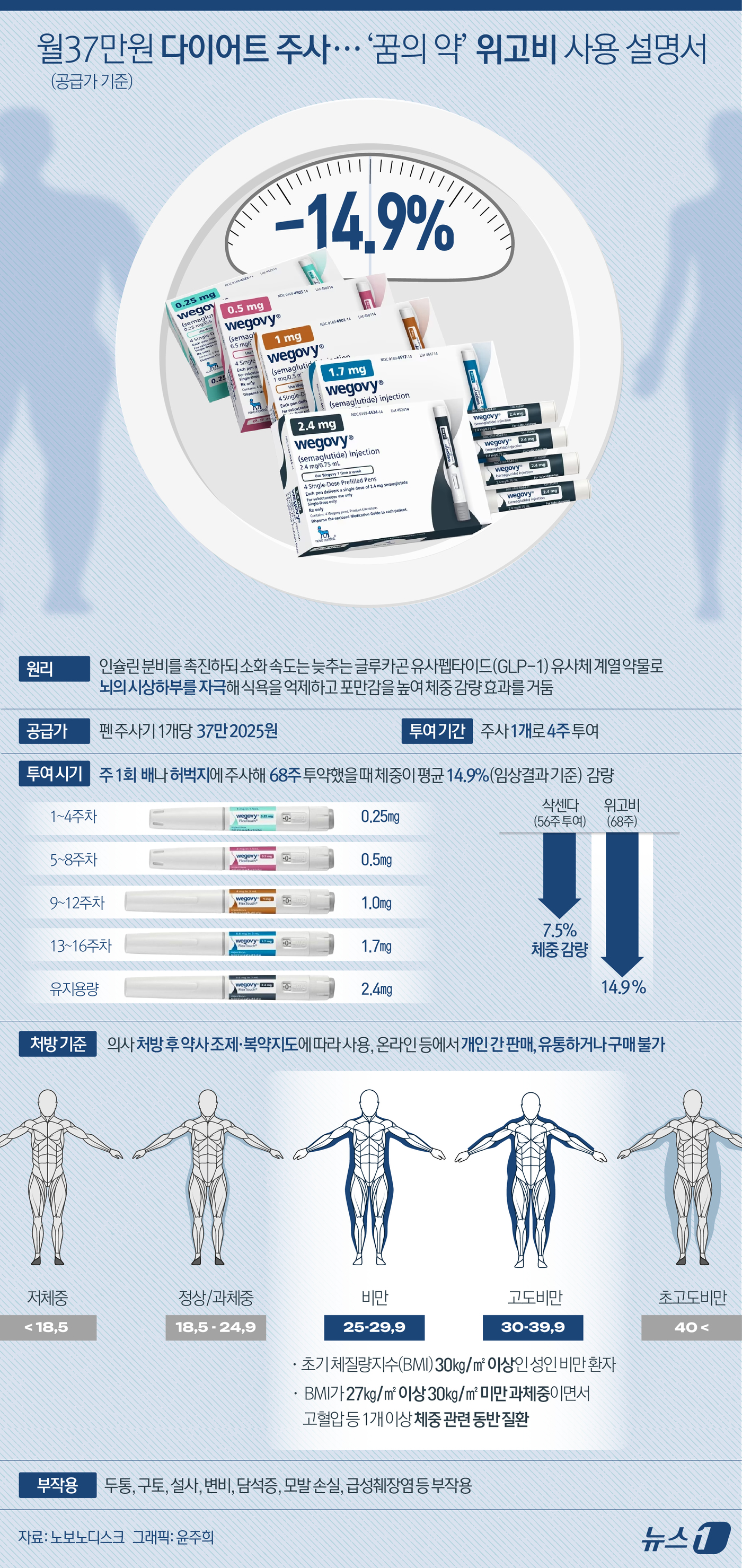 (서울=뉴스1) 윤주희 디자이너 = '꿈의 비만약'으로도 불리는 노보노디스크의 '위고비'(성분명 세마글루타이드)가 15일 국내에 출시했다. 주 1회 배나 허벅지에 주사해 68주 투 …