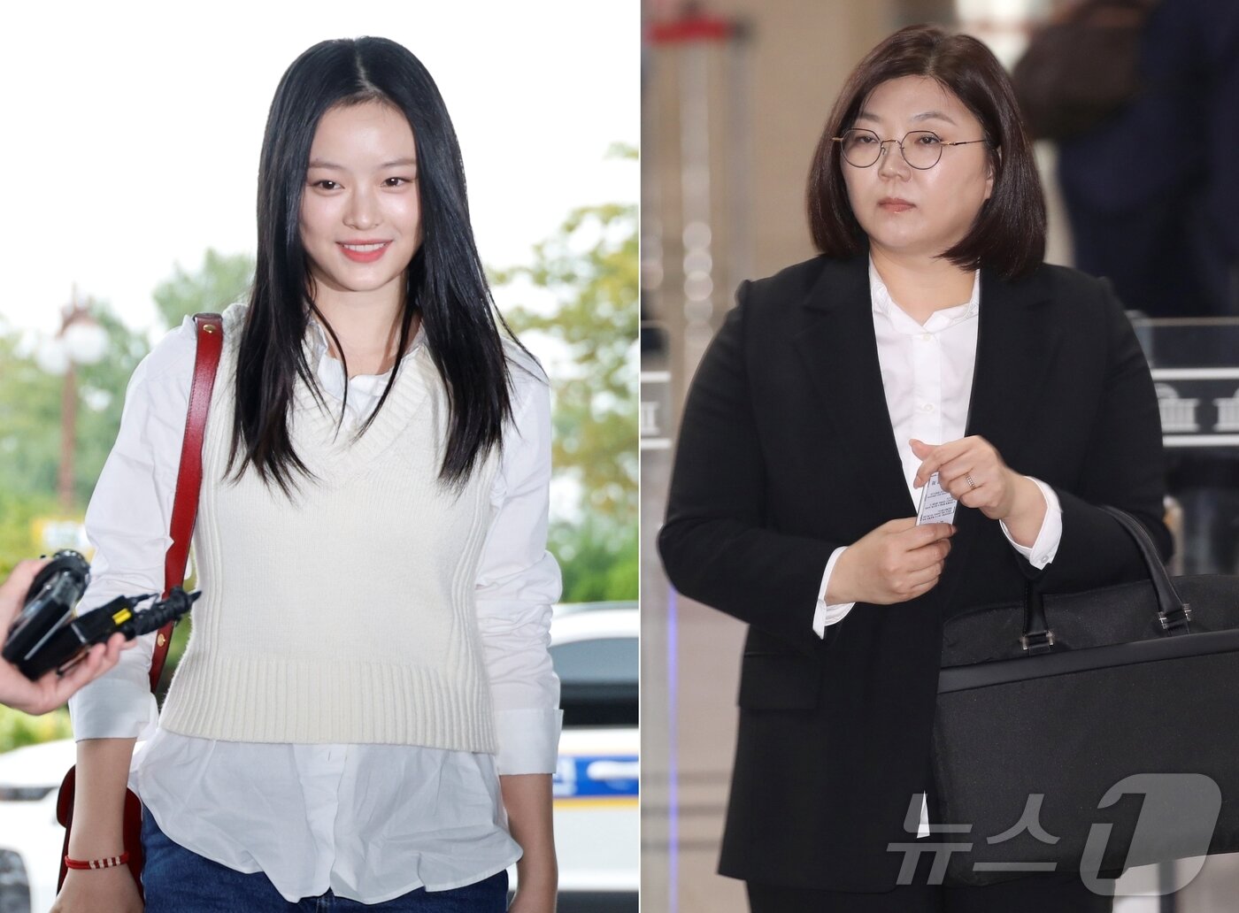 본문 이미지 - 그룹 뉴진스의 하니&#40;왼쪽&#41;와 김주영 어도어 대표가 15일 오후 서울 여의도 국회 환경노동위원회에서 열린 경제사회노동위원회, 중앙노동위원회, 최저임금위원회 등에 대한 국정감사에 각각 참고인, 증인으로 출석하기 위해 본청으로 들어서고 있다. 2024.10.15/뉴스1 ⓒ News1 이광호 기자,안은나 기자