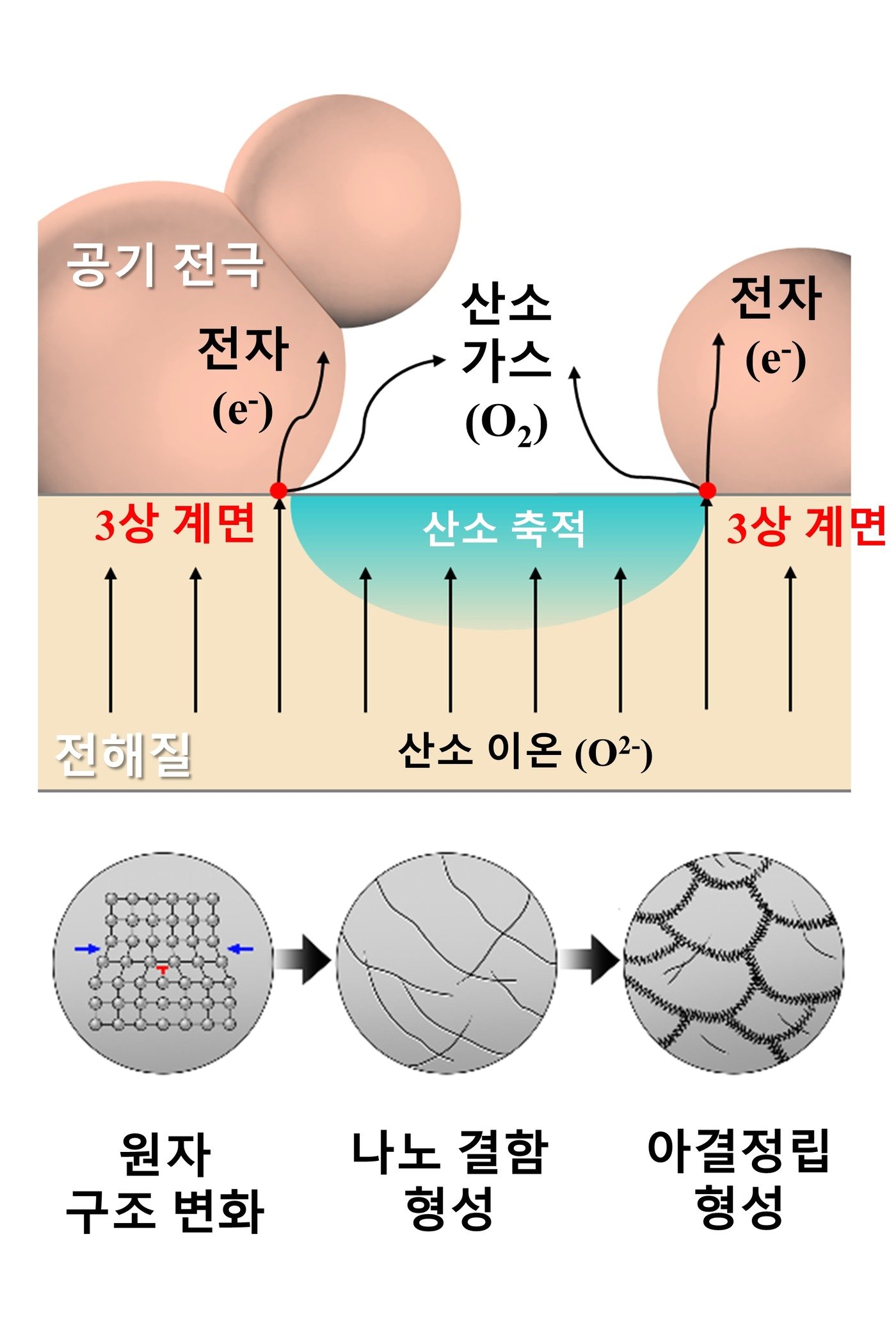 본문 이미지 - 전해질 계면상 산소 이온 축적에 수전해 전지 열화 모식도&#40;KIST 제공&#41;