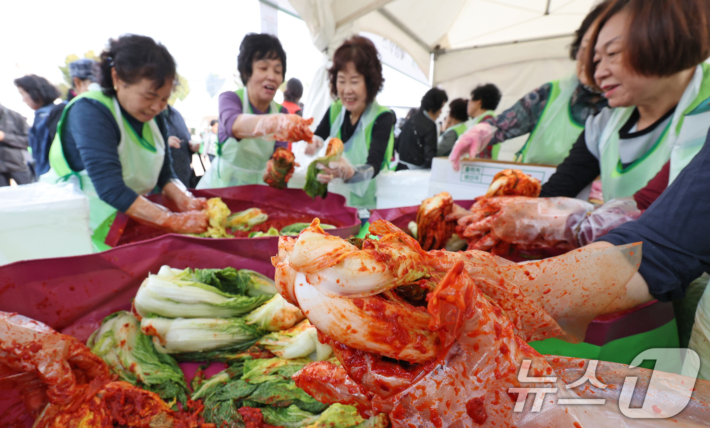 (서울=뉴스1) 장수영 기자 = 인천한국부인회 회원들이 16일 서울 중구 남산골한옥마을에서 열린 제1회 대한민국 김장김치 축제에서 불우이웃들에게 전달할 김치를 담그고 있다. 202 …