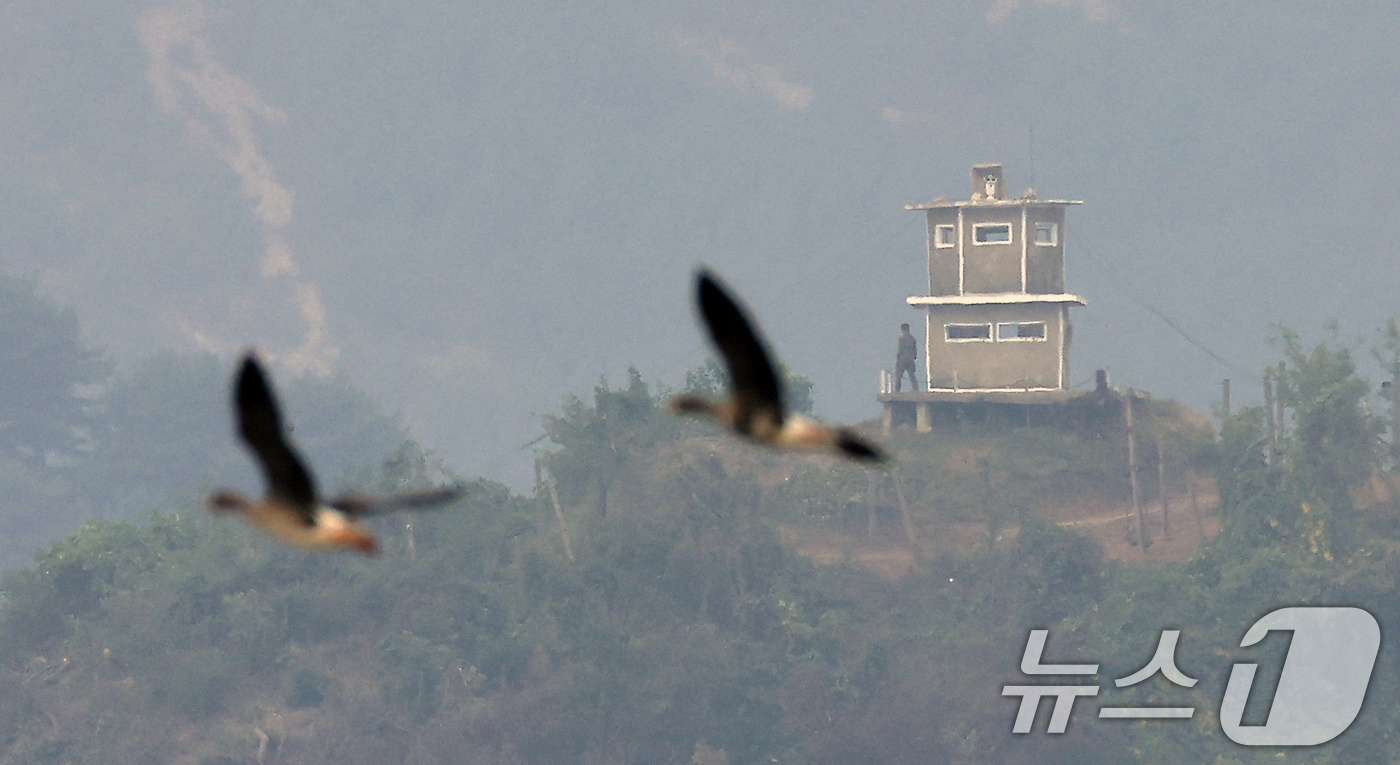 (파주=뉴스1) 박정호 기자 = 북한의 경의선·동해선 남북 연결도로 폭파로 남북 관계가 완전한 단절 국면으로 치닫고 있는 16일 경기도 파주시 접경지역에서 바라본 북한군 초소에서 …