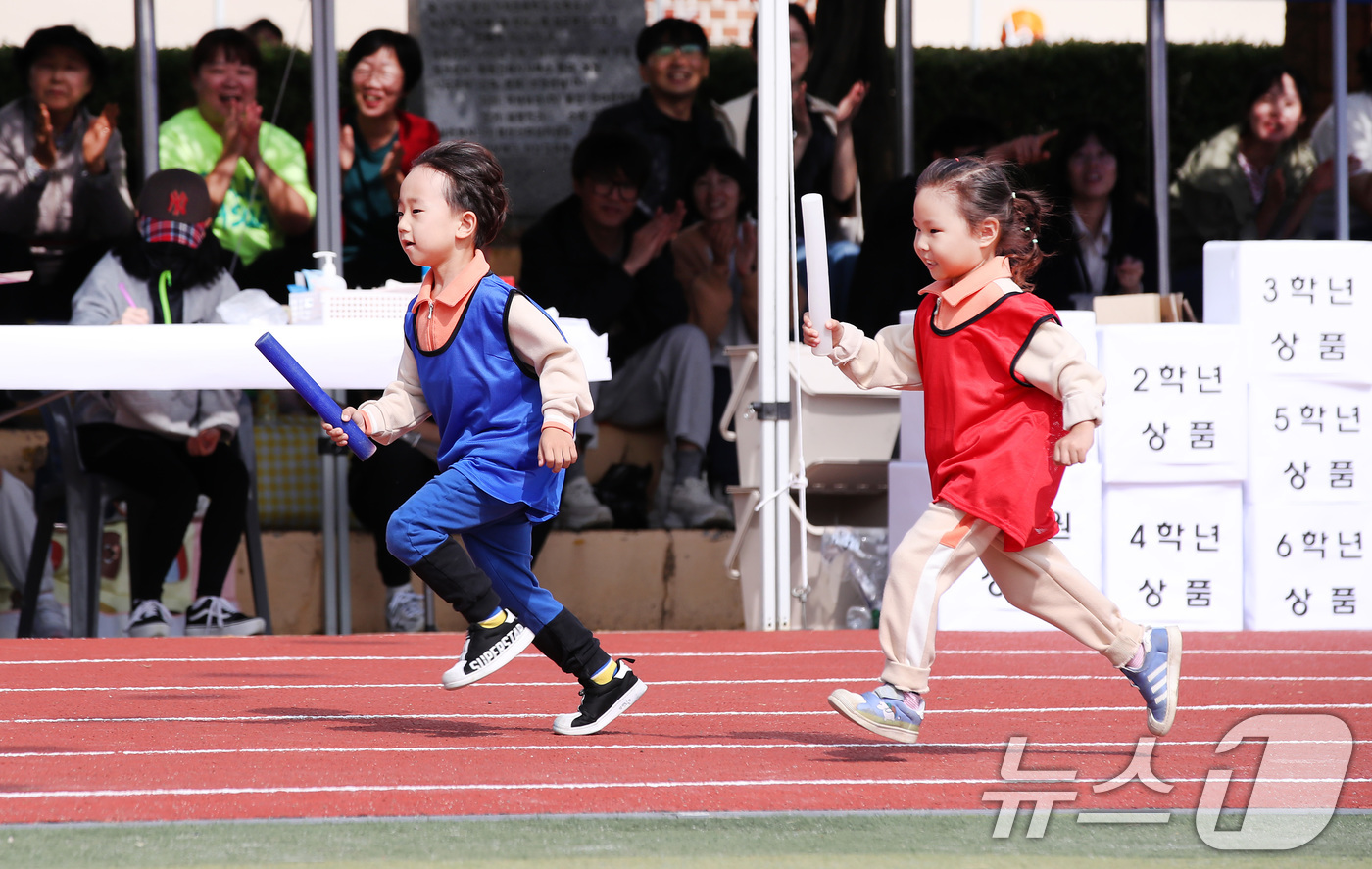 (경산=뉴스1) 공정식 기자 = 16일 오전 경북 경산서부초등학교 운동장에서 열린 가을운동회 '2024학년도 경산서부 라온한마당' 저학년 청백계주에 출전한 학생들이 전력질주하고 있 …