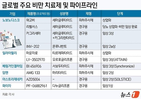 본문 이미지 - 글로벌 주요 비만 치료제 및 파이프라인.&#40;출처 각 기업&#41;/뉴스1 ⓒ News1
