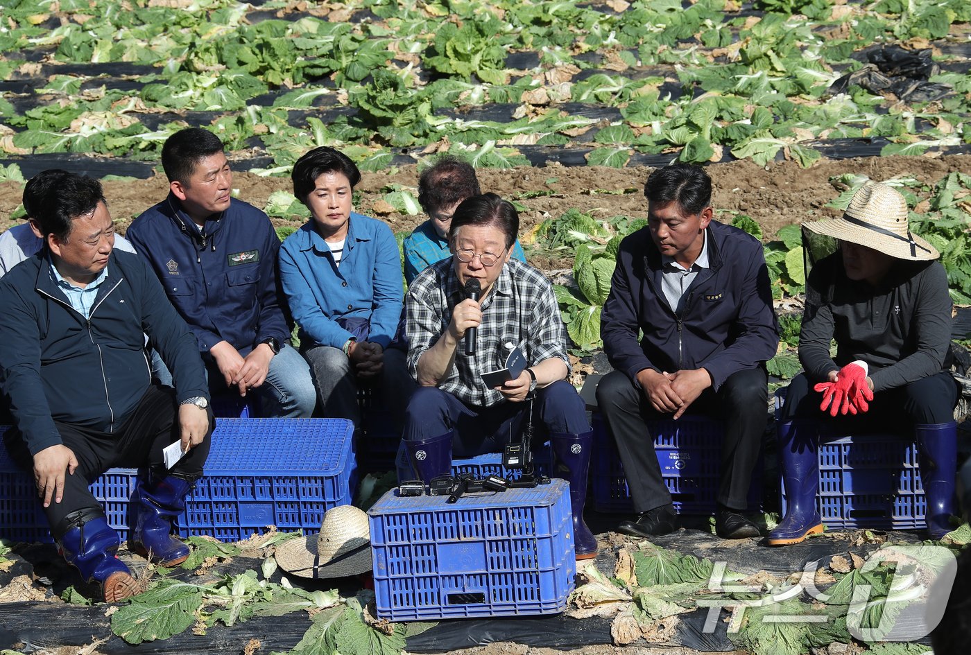 이재명 더불어민주당 당대표가 17일 강원도 평창군 방림면 일대 배추밭에서 배추값 안정화를 위한 기자간담회를 하고 있다. 2024.10.17/뉴스1 ⓒ News1 권현진 기자