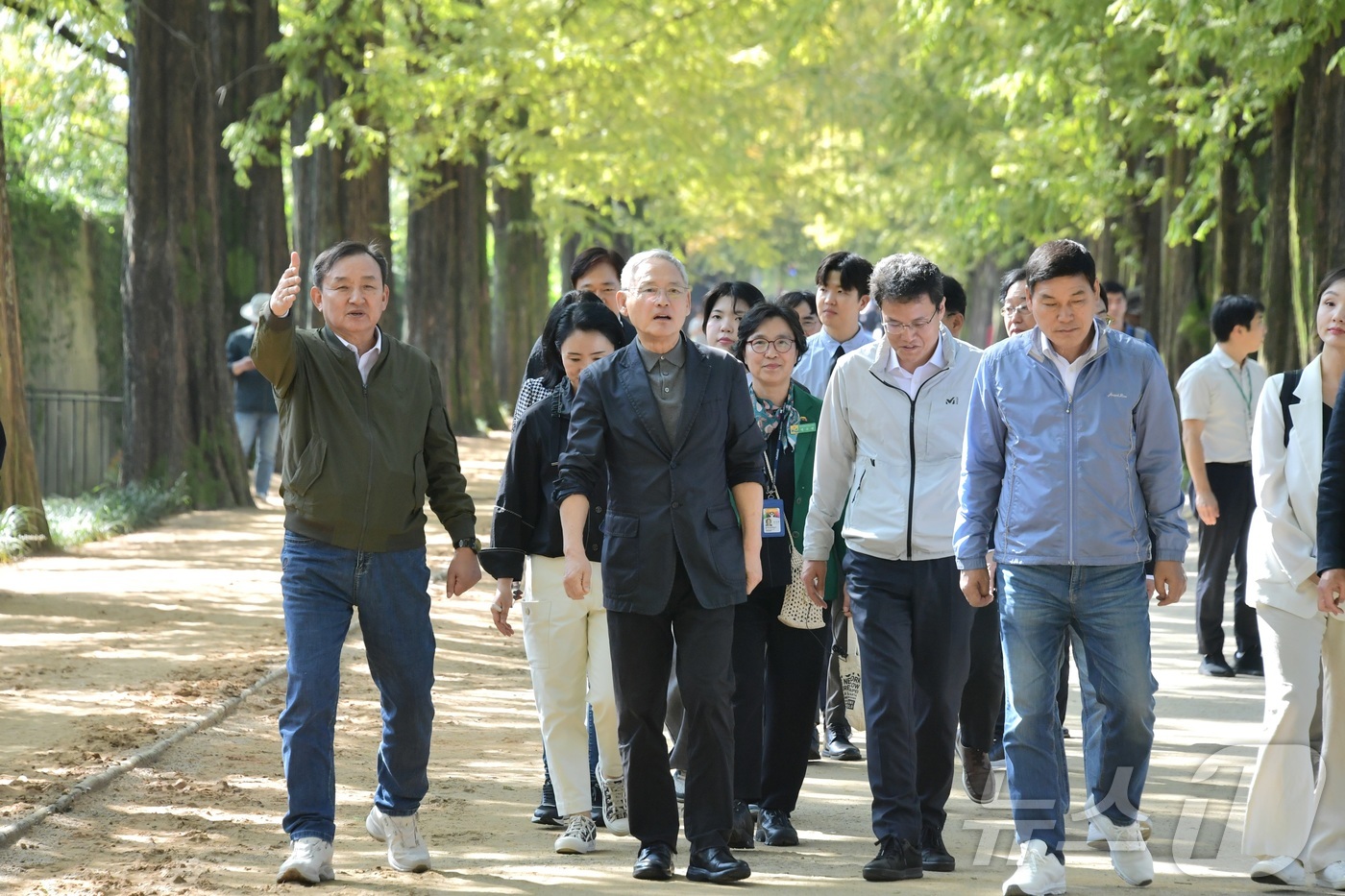 (장성=뉴스1) = 유인촌 문화체육부 장관이 17일 전남 관광 홍보대사인 정보석 배우와 담양을 찾아 이병노 담양군수와 메타세쿼이아길을 걷고 있다.(담양군 제공)2024.10.17/ …