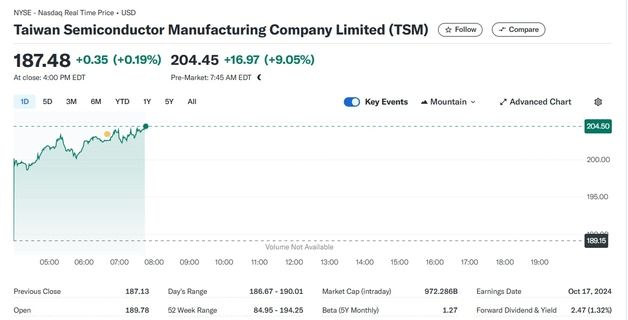 TSMC 호실적, 미증시 개장전 거래에서 9% 폭등