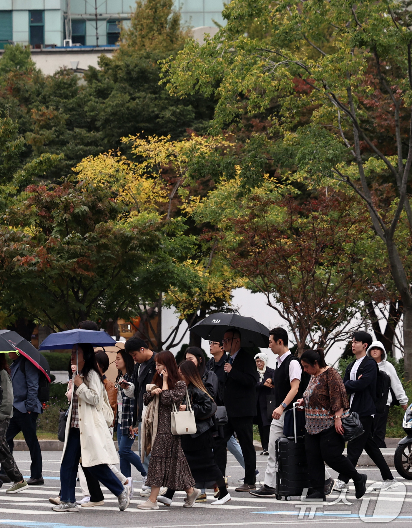 (서울=뉴스1) 구윤성 기자 = 18일 오전 서울 광화문네거리에서 가을비에 우산을 쓴 시민들이 발걸음을 옮기고 있다.기상청은 이날부터 19일 오전까지 전국 대부분 지역에 시간당 2 …