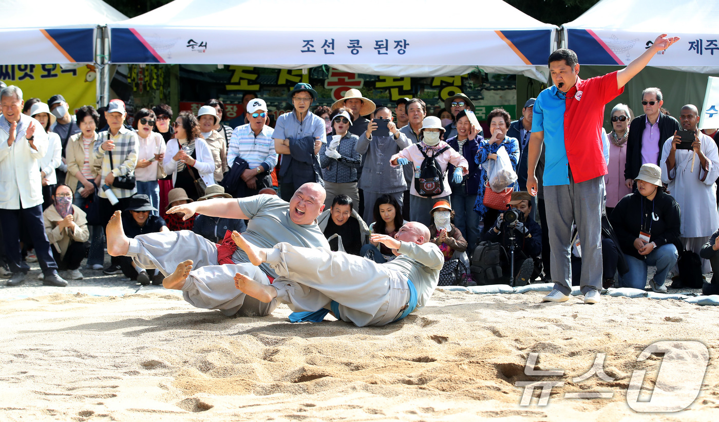 (대구=뉴스1) 공정식 기자 = 2일 대구 동구 동화사에서 열린 '제14회 팔공산 산중 전통장터 승시 축제'에서 승가 시념인(時念人·씨름)대회에 참가한 스님들이 모래판 위에서 실력 …