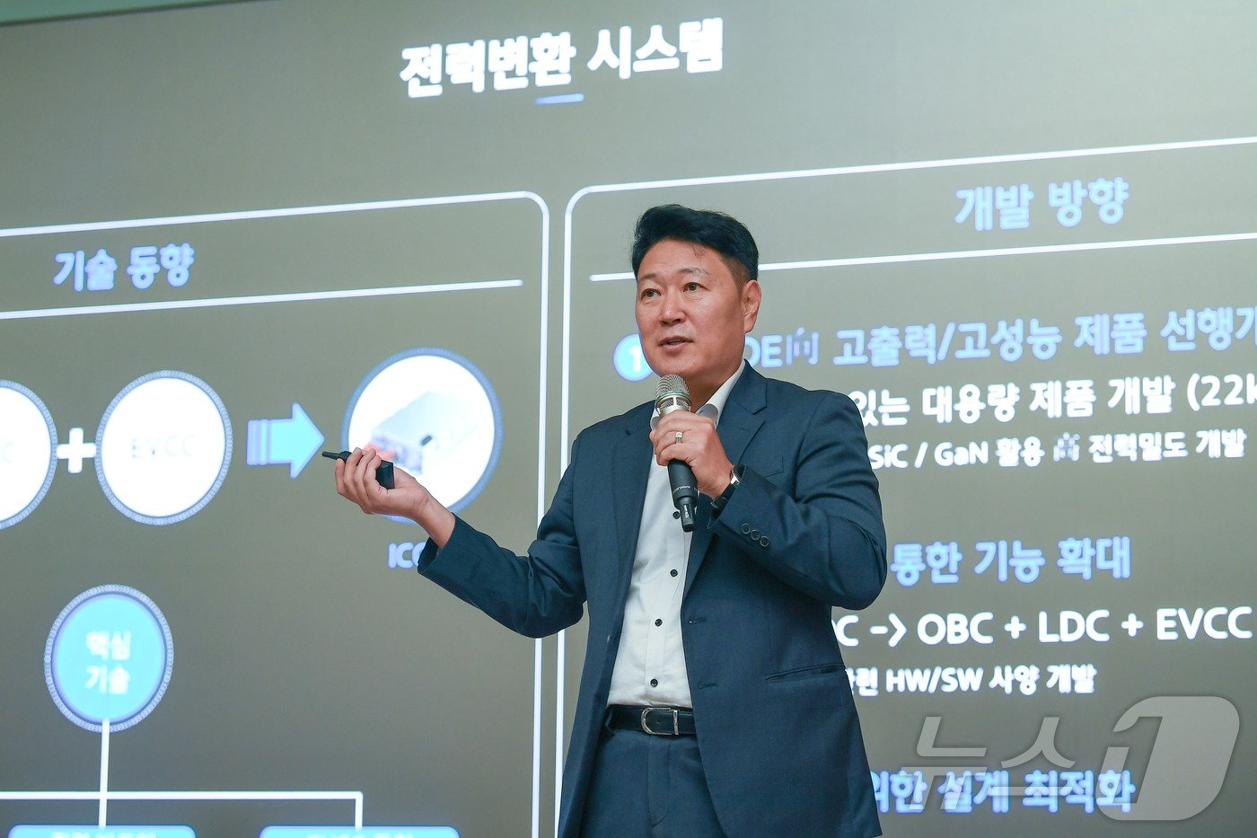 본문 이미지 - 현대모비스 이영국 전동화엔지니어링 실장이 2일 경기 의왕연구소 전동화연구소 대강당에서 ‘전동화 3대 연구개발전략’을 취재진에게 소개하고 있다(현대모비스 제공). 2024.10.02.