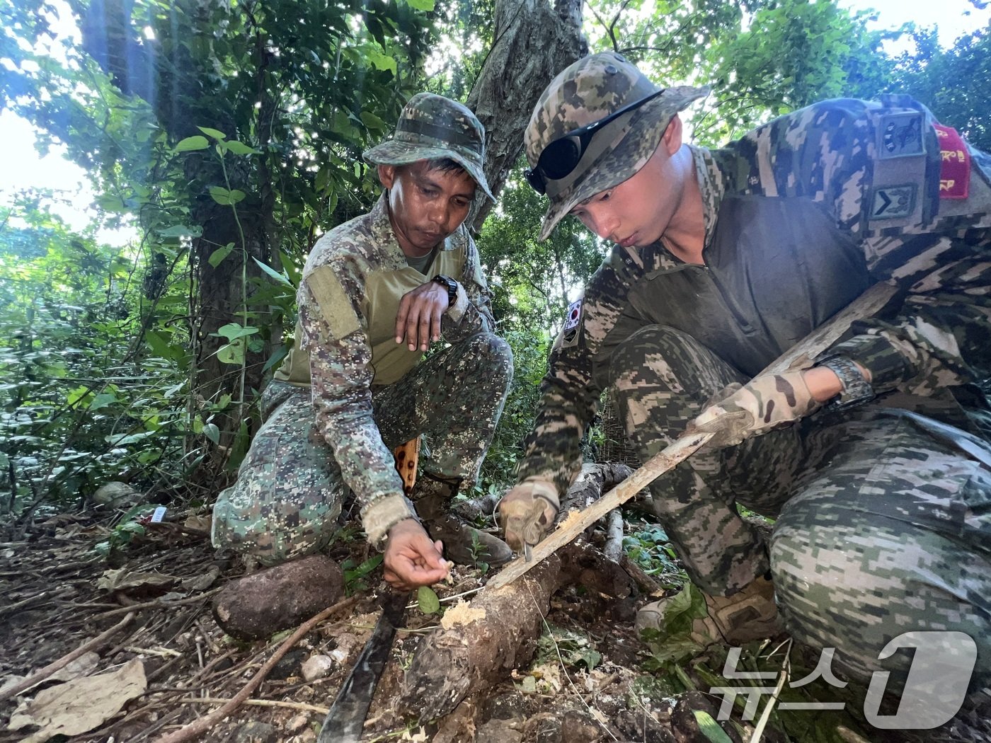 본문 이미지 - 해병대는 10월 14일부터 19일까지 필리핀 일대에서 '2024 카만닥(KAMANDAG)' 훈련을 실시했다. 카만닥 훈련은 미국·필리핀 해병대가 우방국과의 연합작전 수행능력 향상을 위해 2017년부터 시행하고 있는 다국적 연합훈련이다. 카만닥은 필리핀어로 ‘바다 전사들의 협력’이라는 뜻이다. 사진은 훈련에 참가한 해병대 장병들이 정글생존훈련을 하는 모습. (해병대사령부 제공) 2024.10.20/뉴스1 ⓒ News1 박지혜 기자