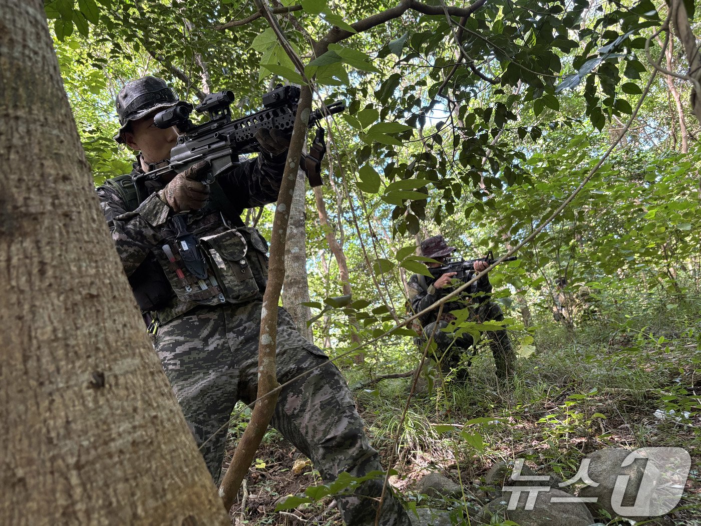 본문 이미지 - 해병대는 10월 14일부터 19일까지 필리핀 일대에서 '2024 카만닥(KAMANDAG)' 훈련을 실시했다. 카만닥 훈련은 미국·필리핀 해병대가 우방국과의 연합작전 수행능력 향상을 위해 2017년부터 시행하고 있는 다국적 연합훈련이다. 카만닥은 필리핀어로 ‘바다 전사들의 협력’이라는 뜻이다. 사진은 한·미·필리핀 해병대 장병들이 연합수색훈련을 실시하는 모습. (해병대사령부 제공) 2024.10.20/뉴스1 ⓒ News1 박지혜 기자