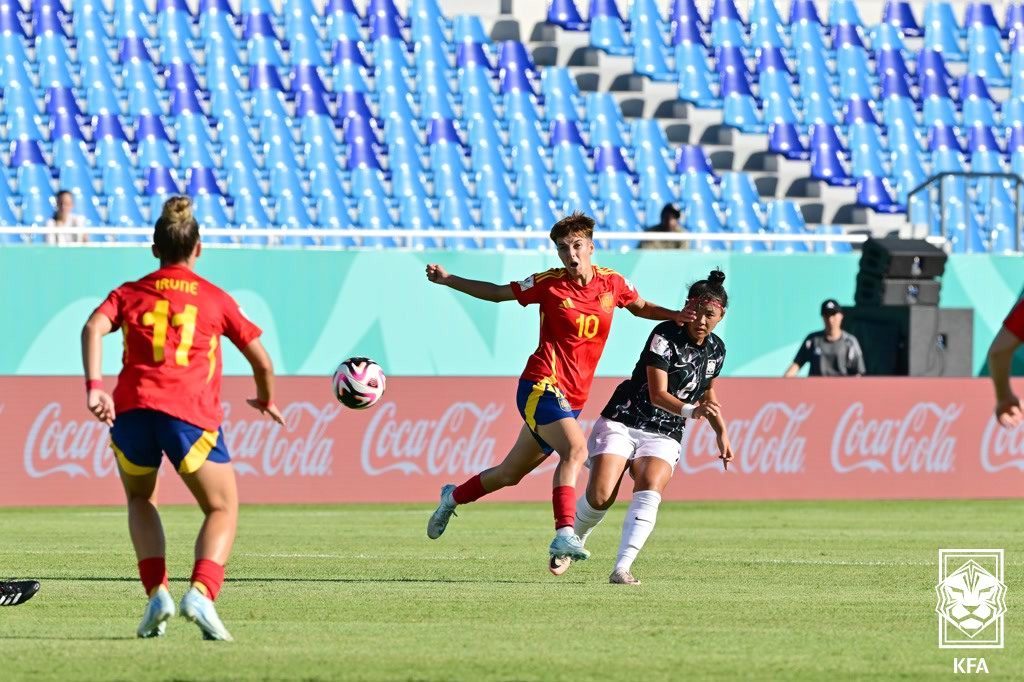 17세 이하 여자 축구대표팀이 20일&#40;한국시간&#41; 열린 2024 FIFA U17 여자 월드컵 B조 조별리그 2차전에서 스페인에 0-5로 졌다. &#40;대한축구협회 제공&#41;