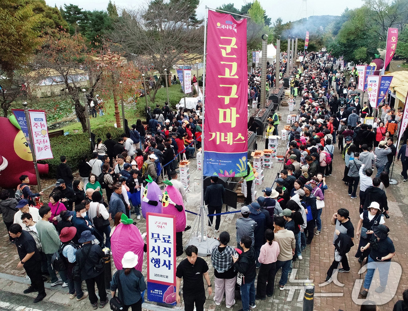 (서울=뉴스1) = 20일 오후 신륵사 관광지 일대에서 ‘2024여주오곡나루축제’의 대표행사인 군고구마 기네스 행사가 열리고 있다. (여주시 제공) 2024.10.20/뉴스1