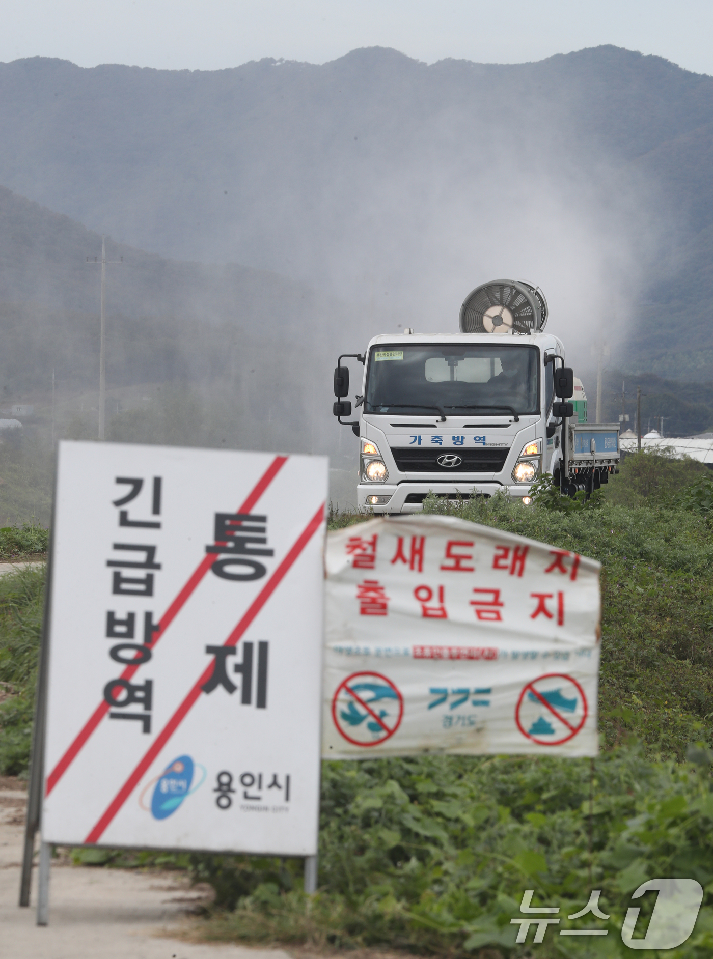 (용인=뉴스1) 김영운 기자 = 21일 경기 용인시 처인구 백암면 청미천 인근에서 용인시 관계자가 방역 작업을 하고 있다.용인시는 지난 14일 청미천 야생조류에서 고병원성 AI가 …