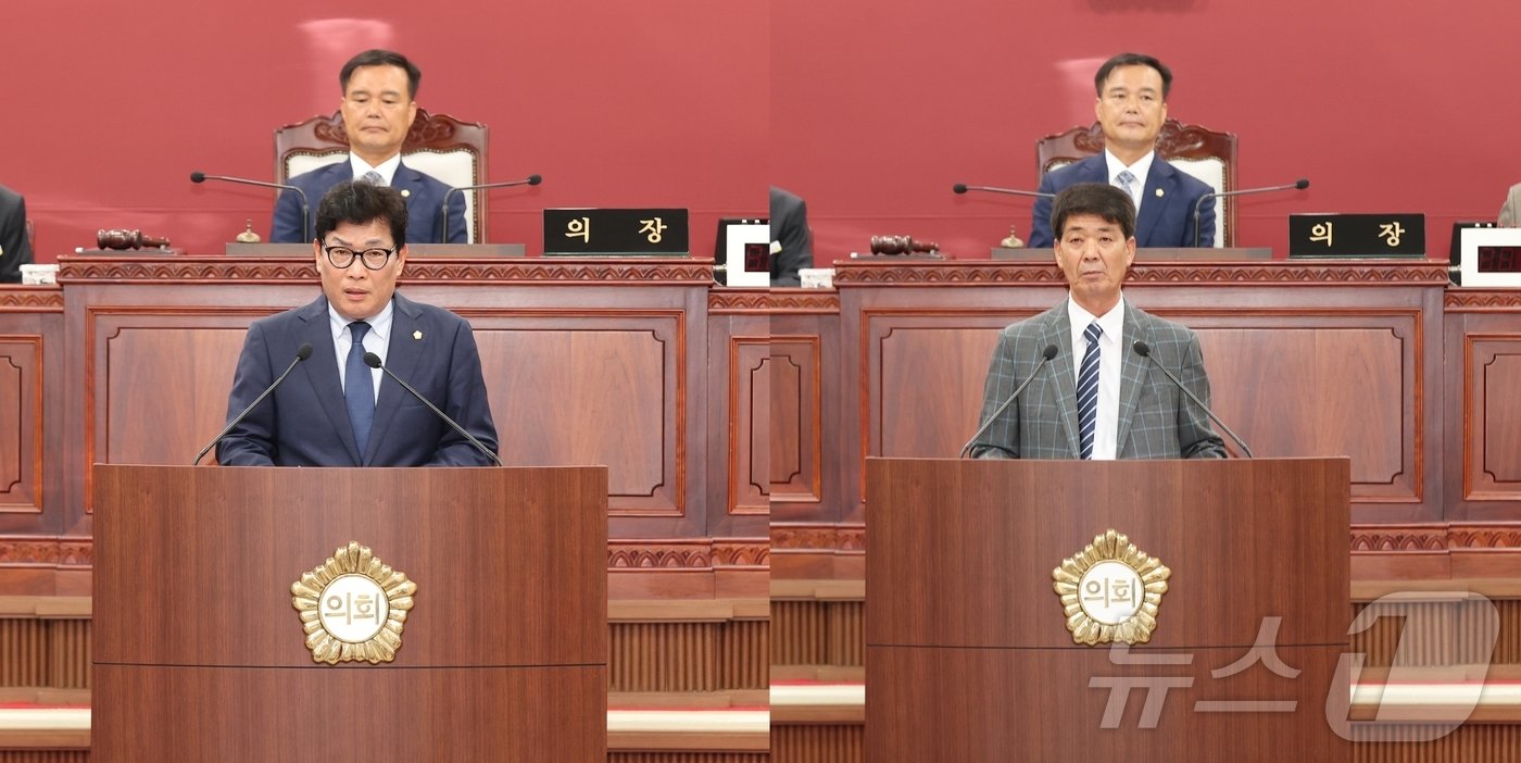 본문 이미지 - 고창군의회 제311회 임시회에서 조규철 의원(왼쪽)과 박성만 의원이 5분 발언을 하고 있다.(고창군의회 제공)2024.10.21/뉴스1