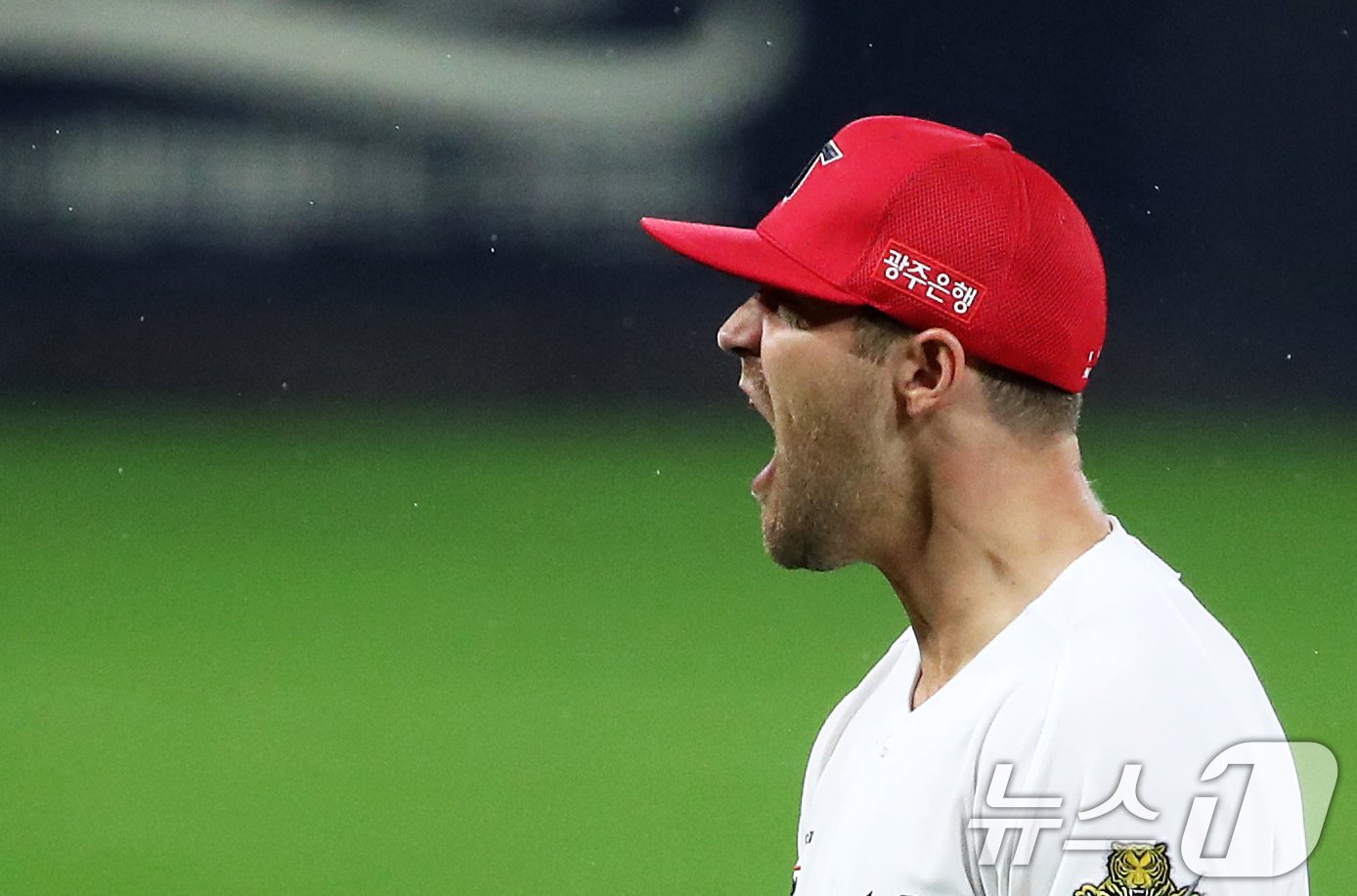 본문 이미지 - 21일 오후 광주 기아챔피언스필드에서 열린 프로야구 '2024 신한 SOL 뱅크 KBO 포스트시즌' 한국시리즈 1차전 삼성 라이온즈와 KIA 타이거즈의 경기, KIA 선발투수 네일이 4회초.삼성 3타자를 삼진으로 돌려세운 후 포효하고 있다. 2024.10.21/뉴스1 ⓒ News1 오대일 기자