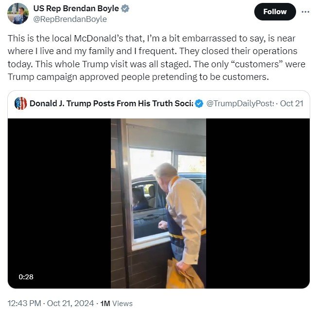 본문 이미지 - 도널드 트럼프 전 대통령 겸 공화당 대선 후보자의 맥도날드 유세가 연출이었음을 폭로한 브렌던 보일 필라델피아 하원의원의 SNS 게시글 갈무리. (출처 : 엑스) 2024.10.21/