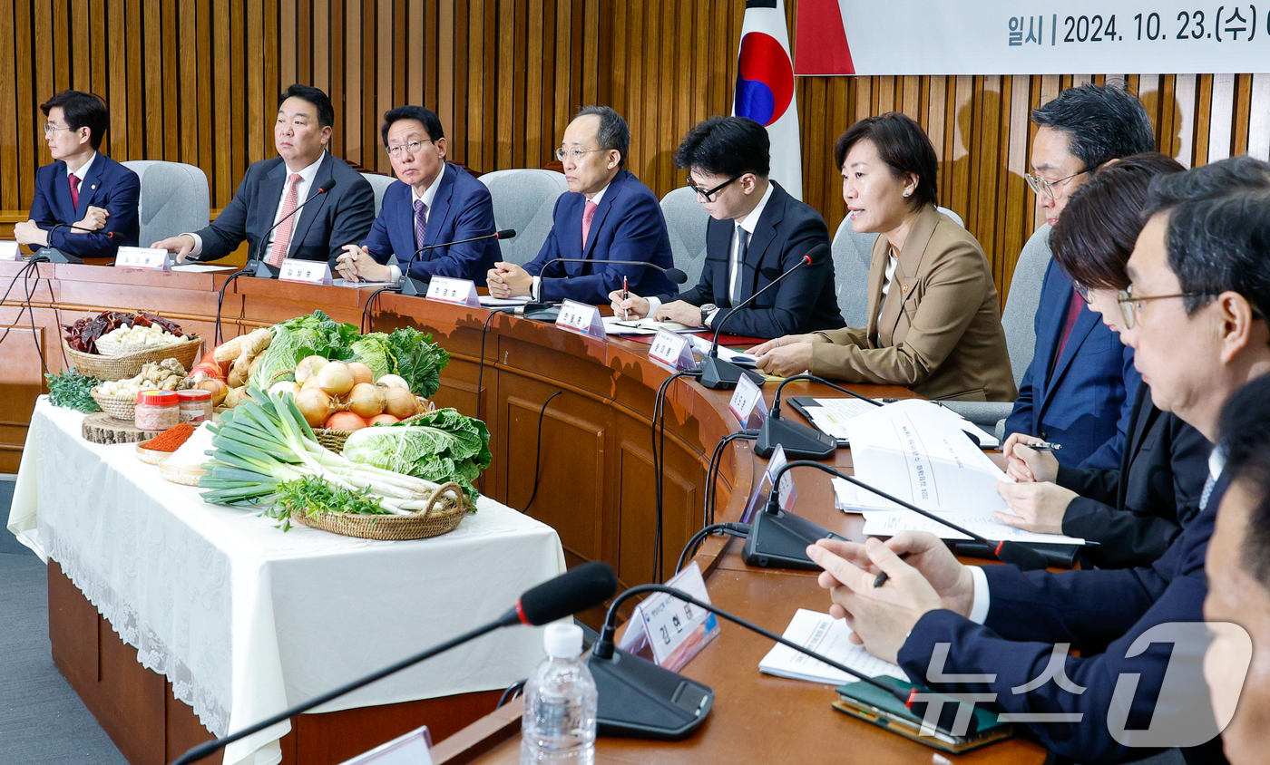 (서울=뉴스1) 안은나 기자 = 송미령 농림축산식품부 장관이 23일 오전 서울 여의도 국회에서 열린 김장재료 수급 안정방안 민당정 협의회에서 모두 발언하고 있다. 2024.10.2 …