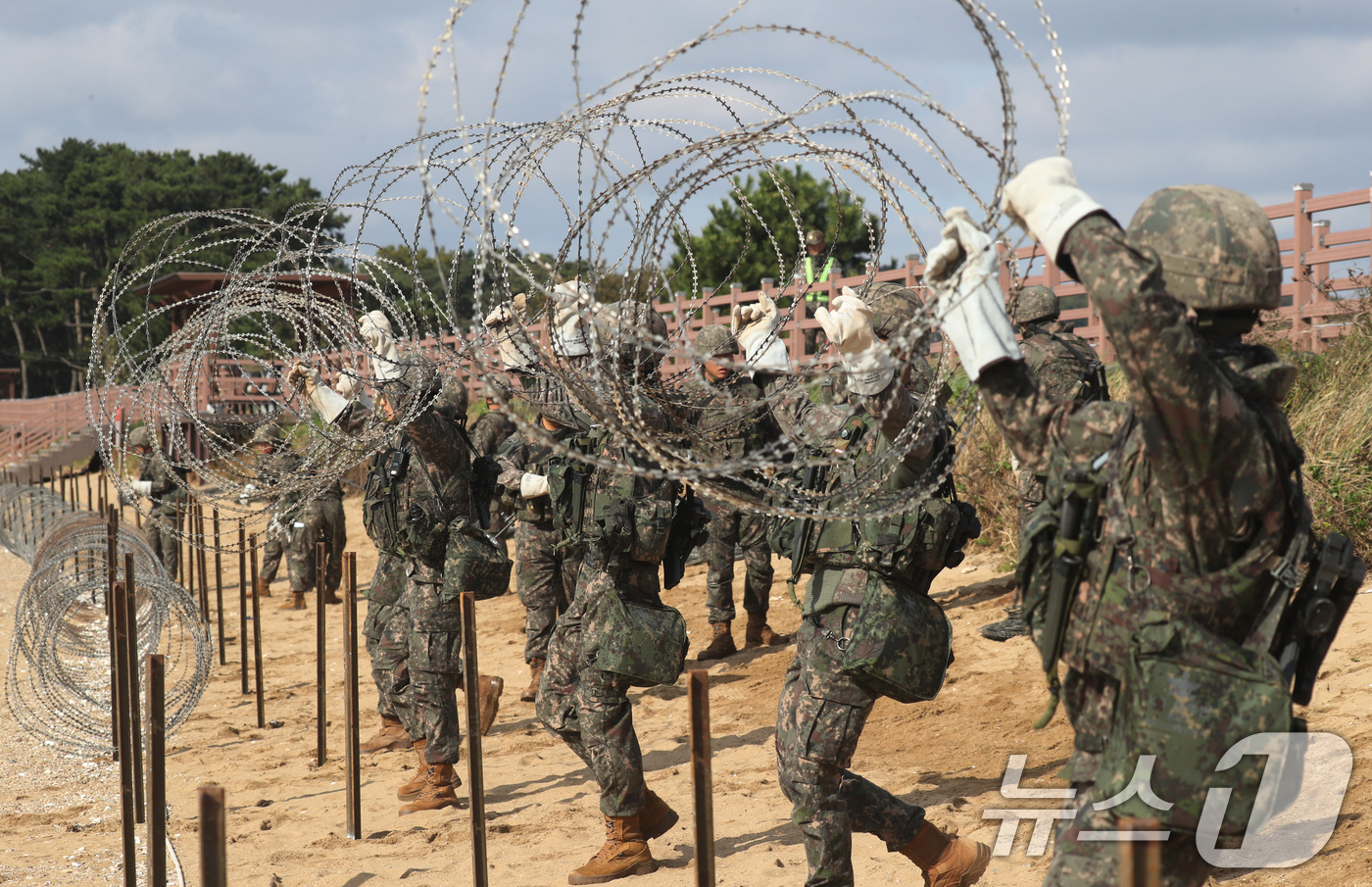 (화성=뉴스1) 김영운 기자 = 23일 오후 경기 화성시 궁평리해수욕장 인근에서 육군 제51보병사단이 2024년 호국훈련의 일환으로 대상륙작전 실기동 훈련(FTX)을 실시하고 있다 …