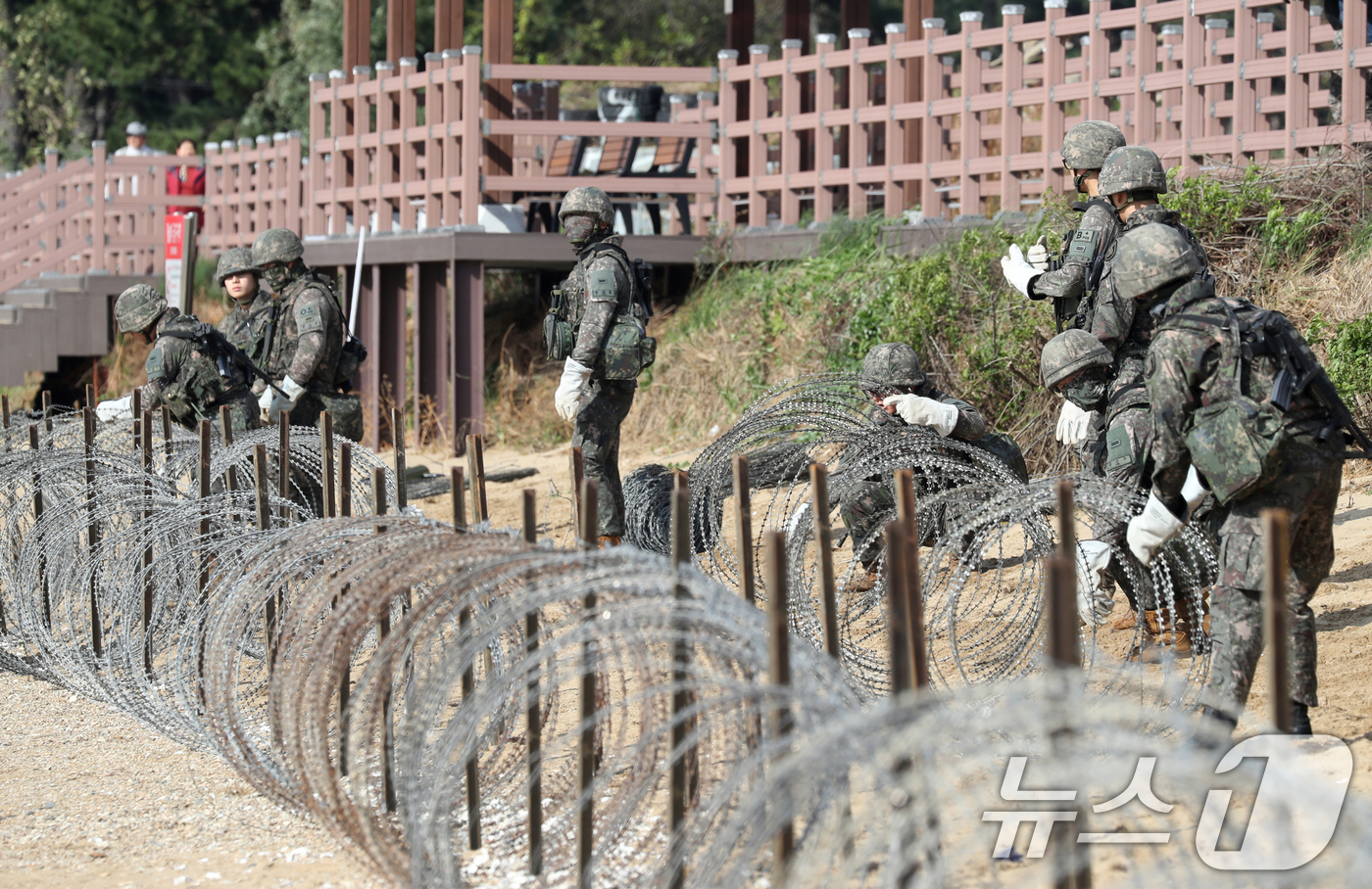 (화성=뉴스1) 김영운 기자 = 23일 오후 경기 화성시 궁평리해수욕장 인근에서 육군 제51보병사단이 2024년 호국훈련의 일환으로 대상륙작전 실기동 훈련(FTX)을 실시하고 있다 …