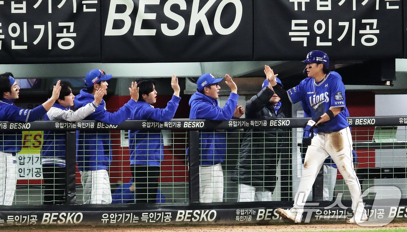 23일 오후 광주 기아챔피언스필드에서 열린 프로야구 &#39;2024 신한 SOL 뱅크 KBO 포스트시즌&#39; 한국시리즈 2차전 삼성 라이온즈와 KIA 타이거즈의 경기, 4회초 삼성 공격 2사 2루 상황에서 김현준의 땅볼타구 때 득점한 류지혁이 더그아웃 동료들의 축하를 받고 있다. 2024.10.23/뉴스1 2024.10.23/뉴스1 ⓒ News1 오대일 기자