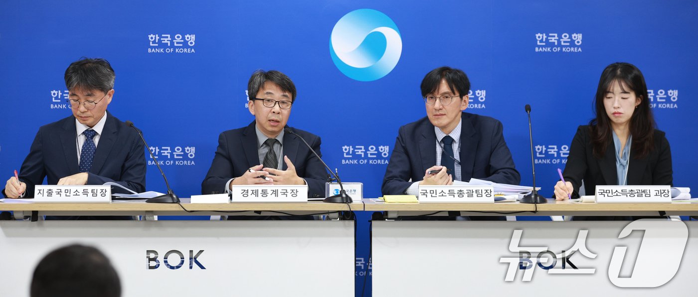 본문 이미지 - 24일 오전 서울 중구 한국은행에서 박창현 지출국민소득팀장(왼쪽부터), 신승철 경제통계국장, 장은종 국민소득총괄팀장, 이지현 국민소득총괄팀 과장이 참석한 가운데 2024년 3/4분기 실질 국내총생산(속보) 설명회가 열리고 있다. (한국은행 제공) 2024.10.24/뉴스1