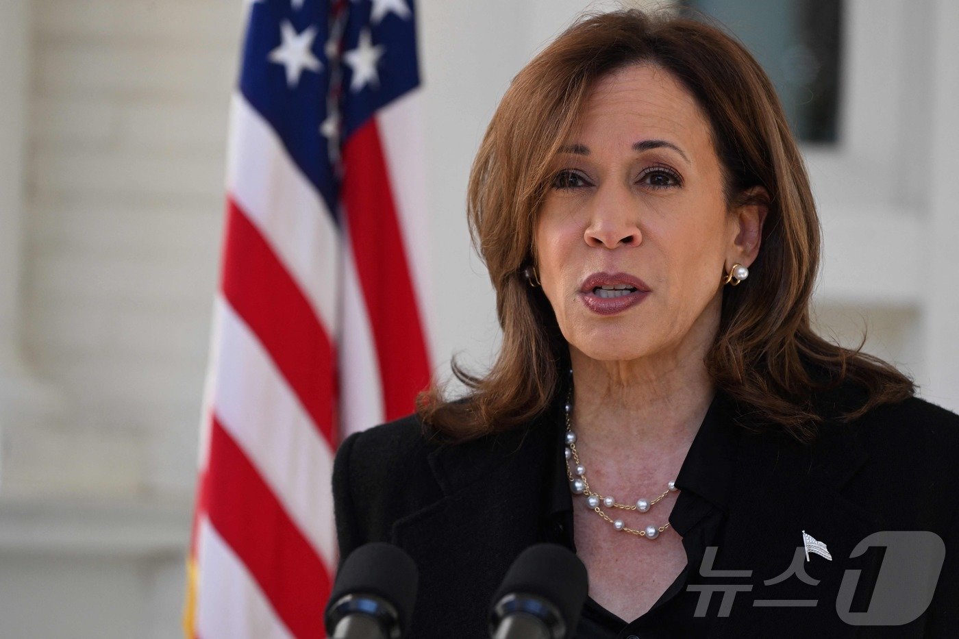 본문 이미지 - 미국 민주당 대선후보인 카멀라 해리스 부통령이 23일(현지시간) 워싱턴에 있는 해군 천문대서 연설을 하고 있다. 2024.10.24 ⓒ AFP=뉴스1 ⓒ News1 우동명 기자