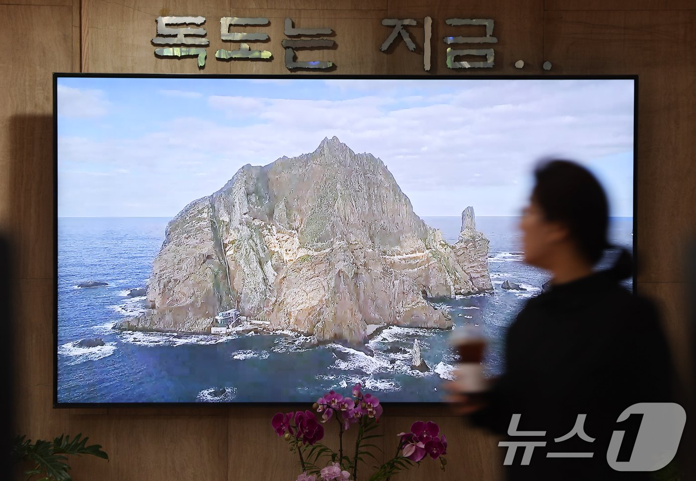 본문 이미지 - '독도의 날'을 하루 앞둔 24일 서울 종로구 정부서울청사 로비 모니터에 독도가 실시간 영상 중계되고 있다. 2024.10.24/뉴스1 ⓒ News1 허경 기자