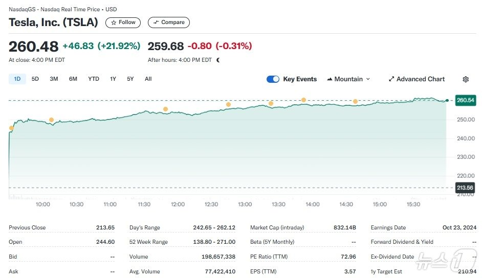 본문 이미지 - 테슬라 일일 주가추이 - 야후 파이낸스 갈무리