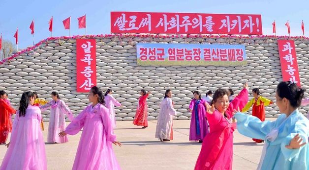 만성 식량난 겪는 北…쌀 포대 쌓아 두고 추수 성과 선전[노동신문 사진]