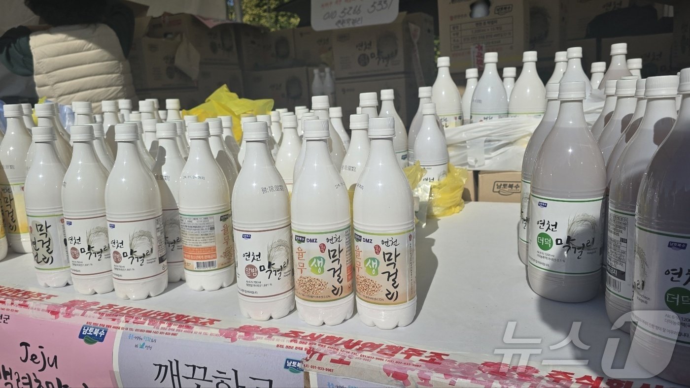 본문 이미지 - 제3회 연천율무축제가 25일 개막한 가운데 대표 율무 가공품인 율무 막걸리가 관광객들의 눈길을 끌고 있다. /박대준 기자