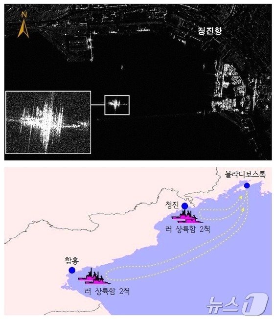 북한 병력 수송 목적 러시아 함정 활동&#40;위·10월 12일&#41;, 동해상 러시아 상륙함의 북한 병력 수송활동 요도. &#40;국정원 제공&#41;