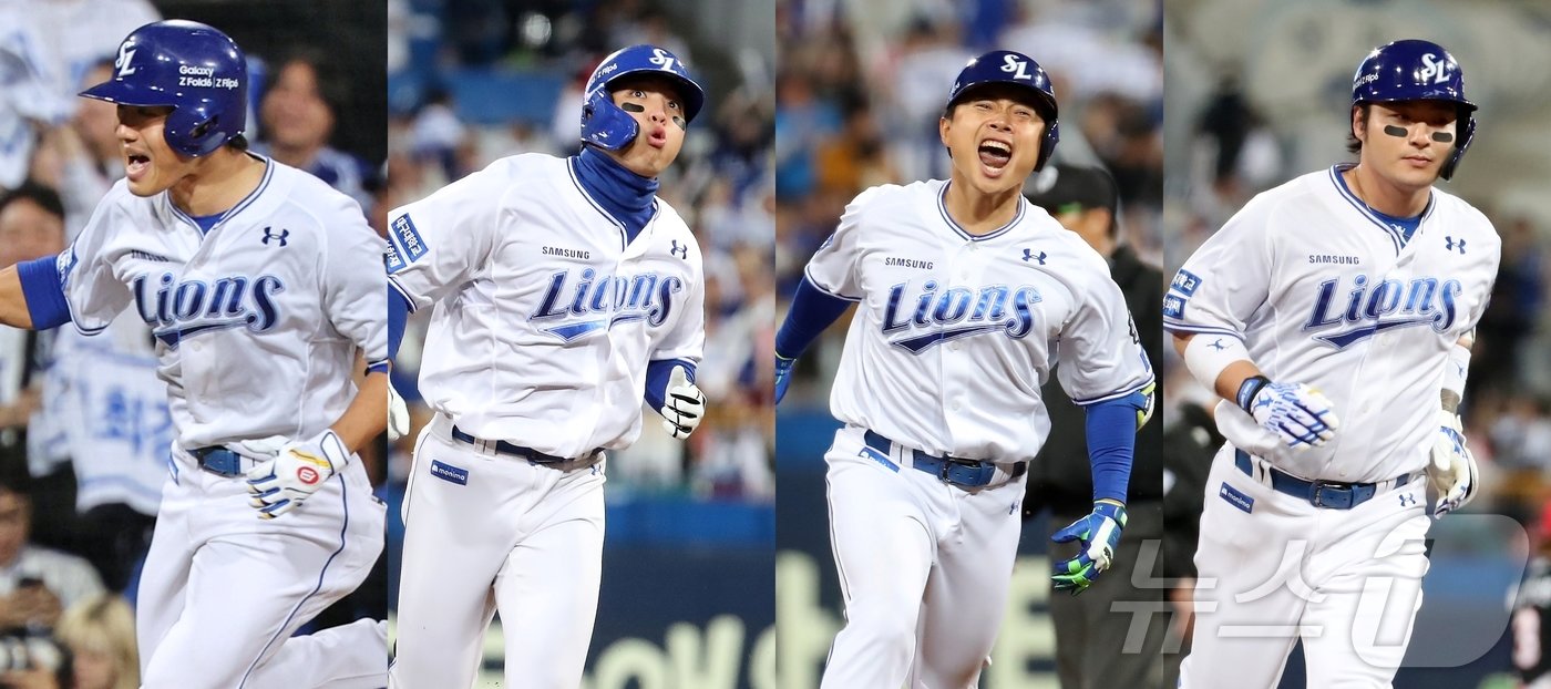 본문 이미지 - 삼성 라이온즈가 25일 오후 대구 삼성라이온즈파크에서 열린 프로야구 '2024 신한 SOL 뱅크 KBO 포스트시즌' 한국시리즈 3차전 KIA 타이거즈와의 경기에서 홈런 4개로 4대2 승리를 거뒀다. 왼쪽부터 이날 솔로홈런을 기록한 이성규,김영웅,김헌곤,박병호. 2024.10.25/뉴스1 ⓒ News1 공정식 기자,장수영 기자