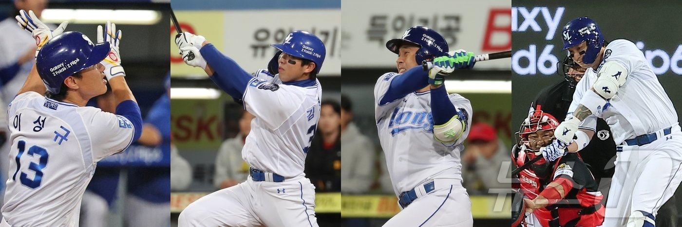 본문 이미지 - 삼성 라이온즈가 25일 오후 대구 삼성라이온즈파크에서 열린 프로야구 '2024 신한 SOL 뱅크 KBO 포스트시즌' 한국시리즈 3차전 KIA 타이거즈와의 경기에서 홈런 4개로 4대2 승리를 거뒀다. 왼쪽부터 이날 솔로홈런을 기록한 이성규,김영웅,김헌곤,박병호. 2024.10.25/뉴스1 ⓒ News1 공정식 기자,장수영 기자,김진환 기자