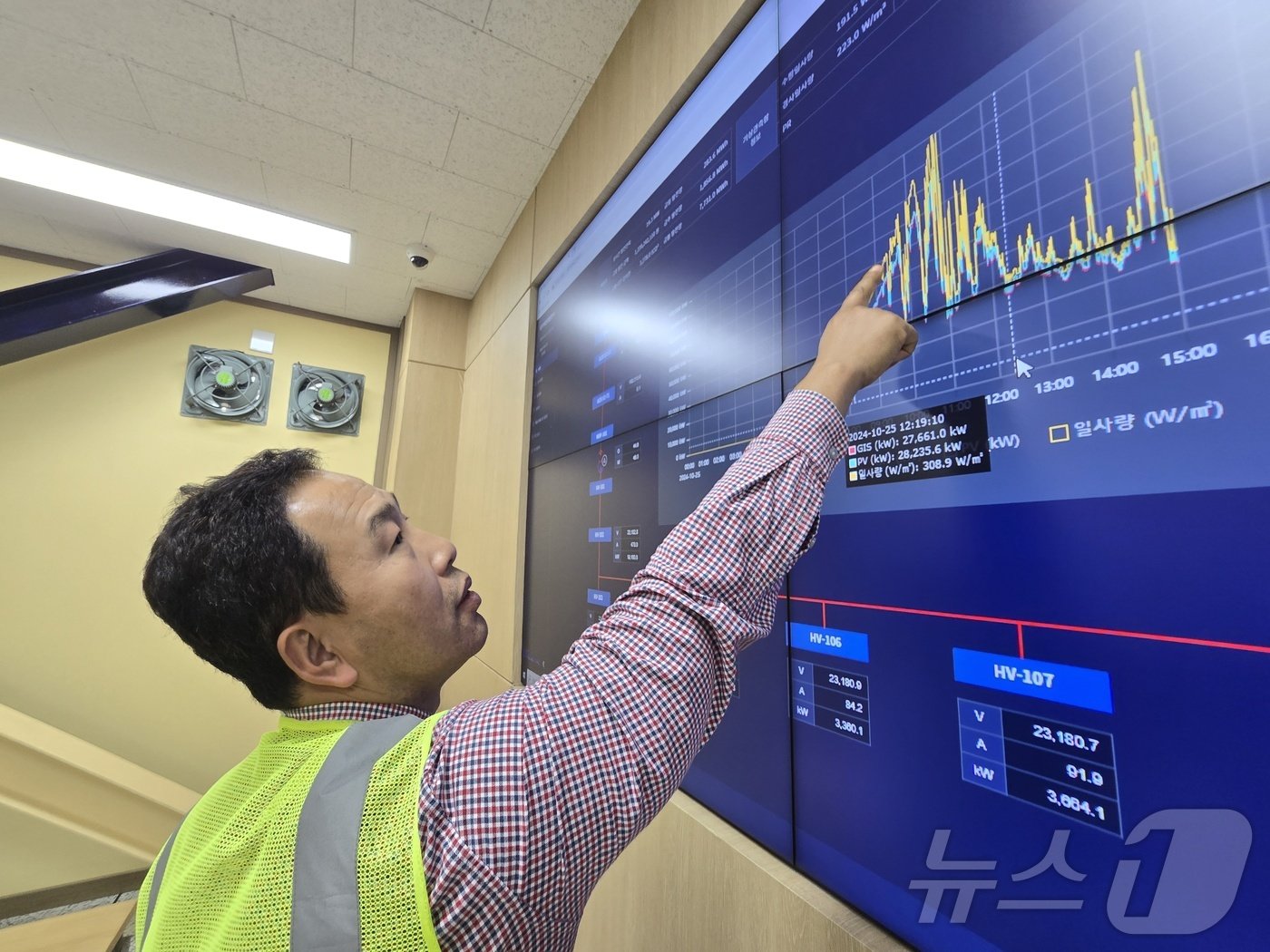 본문 이미지 - 이동욱 해솔라에너지 소장이 25일 임자도 태양광 발전소에서 생산한 전력량을 설명하고 있다. ⓒ 뉴스1 황덕현 기자