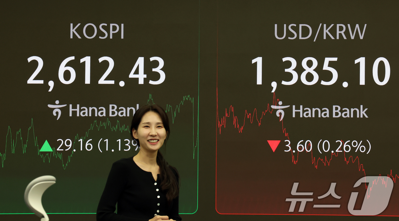 (서울=뉴스1) 황기선 기자 = 28일 오후 서울 중구 하나은행 본점 딜링룸 전광판에 증시 종가가 표시되고 있다.이날 코스피 지수는 전 거래일 대비 29.16p(1.13%) 오른 …