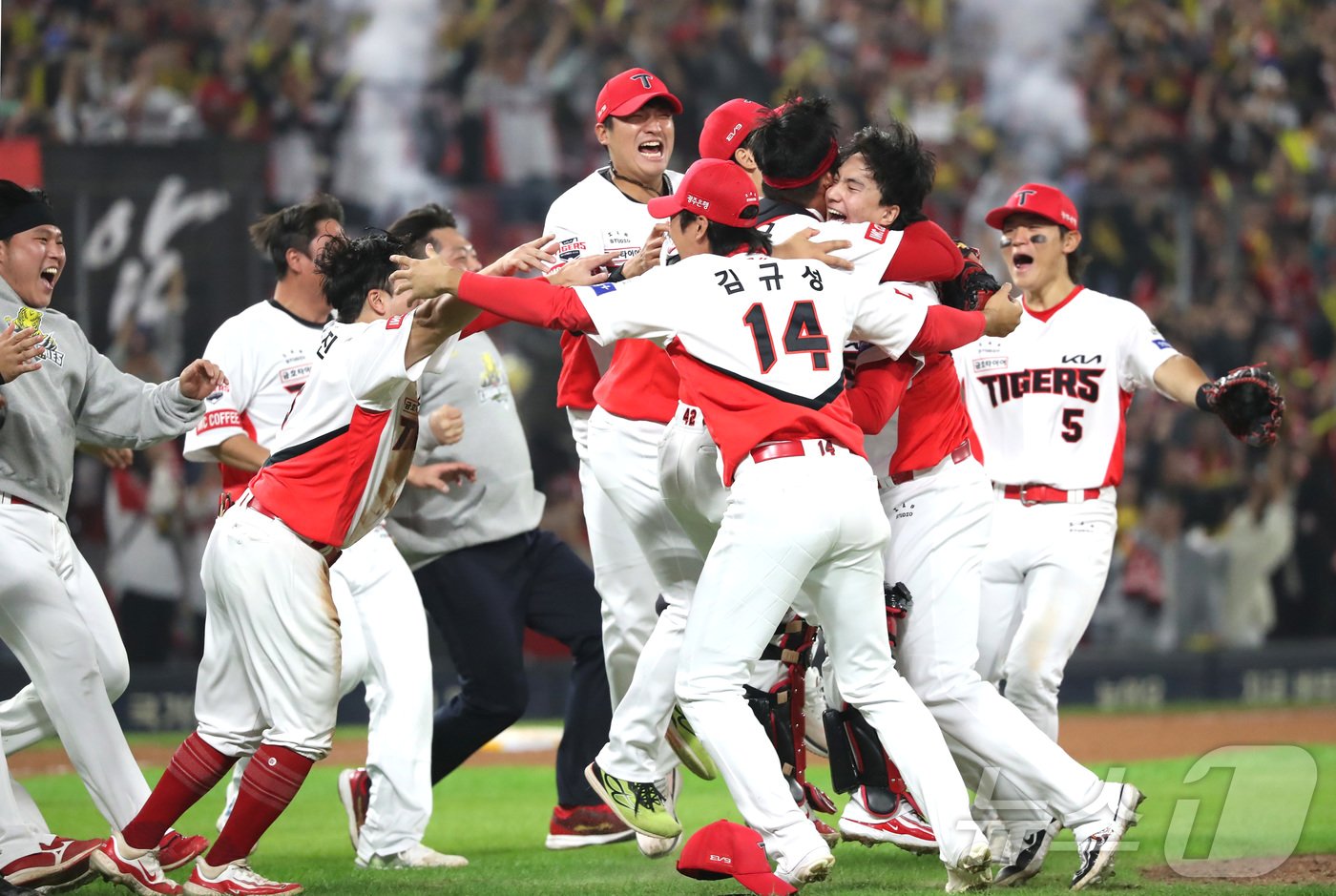 본문 이미지 - 28일 오후 광주 기아챔피언스필드에서 열린 프로야구 '2024 신한 SOL 뱅크 KBO 포스트시즌' 한국시리즈 5차전 삼성 라이온즈와 KIA 타이거즈의 경기에서 7대5로 승리하며 통합 우승을 차지한 KIA 선수들이 환호하고 있다. 2024.10.28/뉴스1 ⓒ News1 김기남 기자