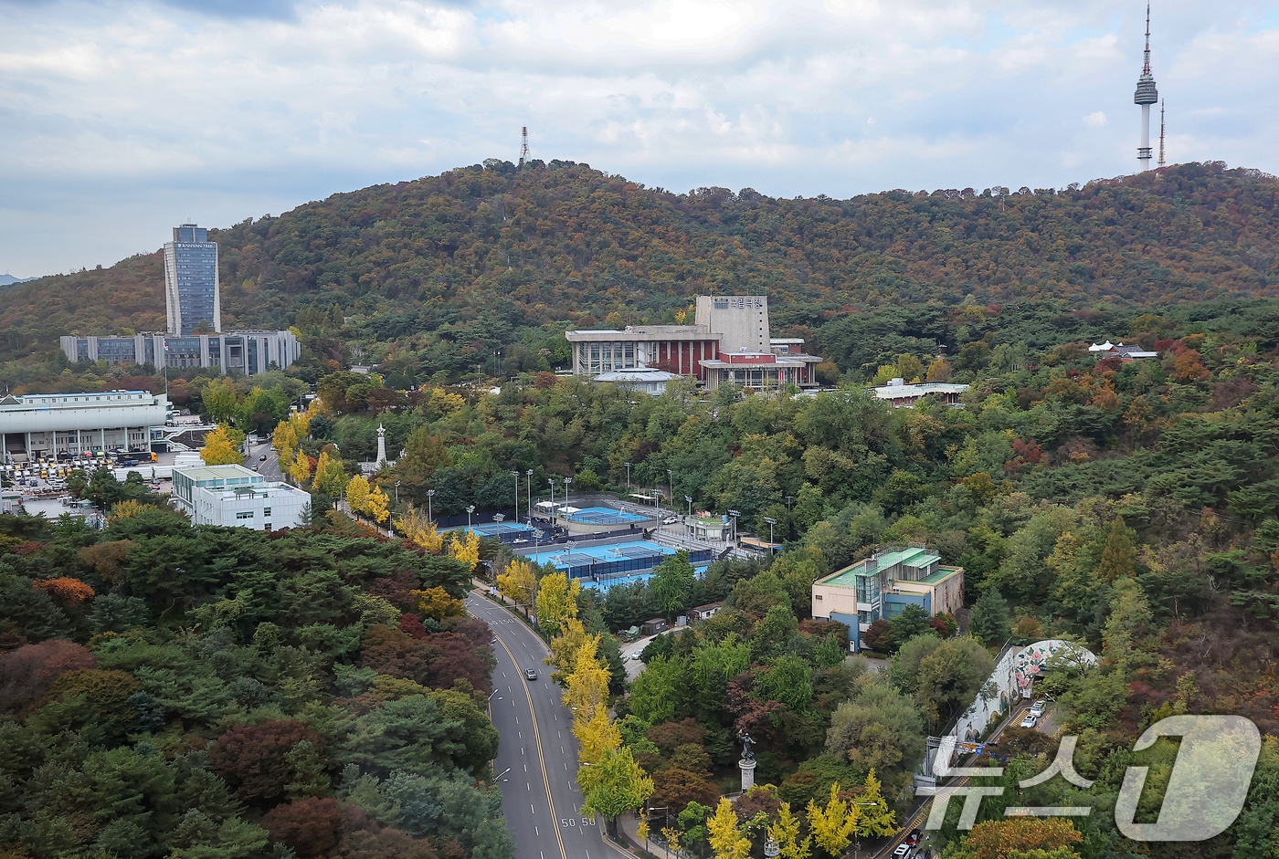 (서울=뉴스1) 김진환 기자 = 전국이 대체로 맑고 선선한 가을 날씨를 보인 29일 오전 서울 중구 신라호텔에서 바라본 남산에 단풍이 울긋불긋 물들어 있다. 2024.10.29/뉴 …