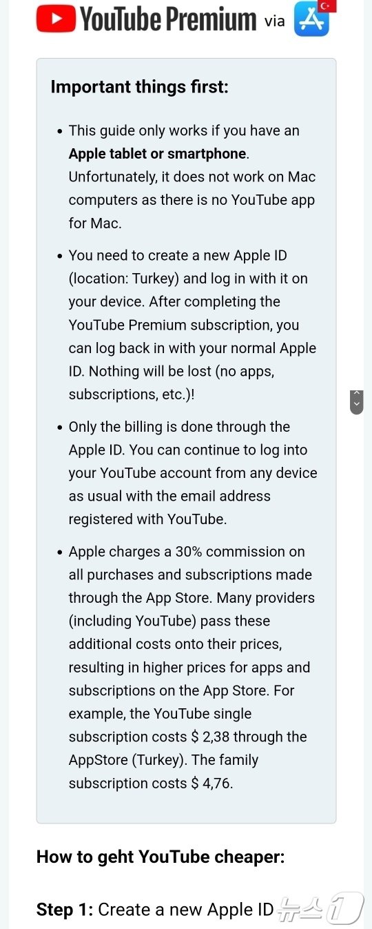 아이튠즈 계정으로 유튜브 프리미엄 우회 결제 방법을 소개한 홈페이지 화면 갈무리