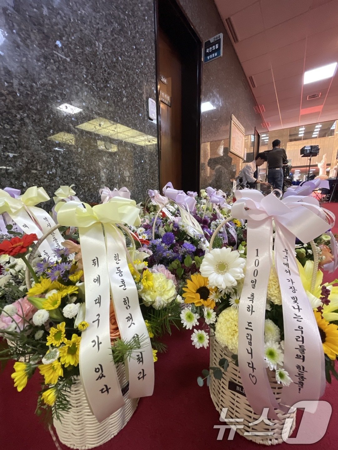 본문 이미지 - 30일 오전 서울 여의도 국회 국민의힘 당 대표실 앞에 한동훈 대표의 취임 100일을 축하하는 지지자들의 꽃바구니가 놓여져있다. 2024.10.30/뉴스1 ⓒ News1 이광호 기자