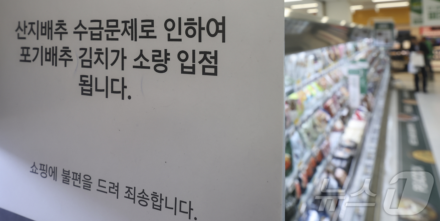 (서울=뉴스1) 김도우 기자 = 30일 서울 시내 한 대형마트 포기배추김치 판매대에 배추 수급 관련 안내문이 게시돼 있다.올해 유례없는 폭염과 폭우로 가을배추를 제대로 파종하지 못 …