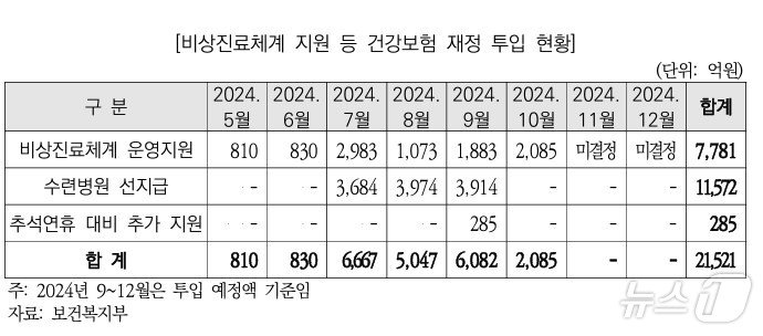 비상진료체계 지원 등 건강보험 재정 투입 현황/보건복지부 자료