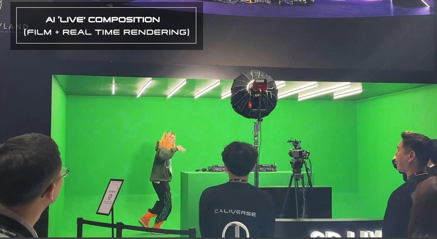 본문 이미지 - 칼리버스는 인물 등을 크로마키 촬영 후 3D 환경에 자연스럽게 혼합시키는 실사 융합기술을 보유했다. 크로마키 촬영 현장 예시.&#40;칼리버스 제공&#41;