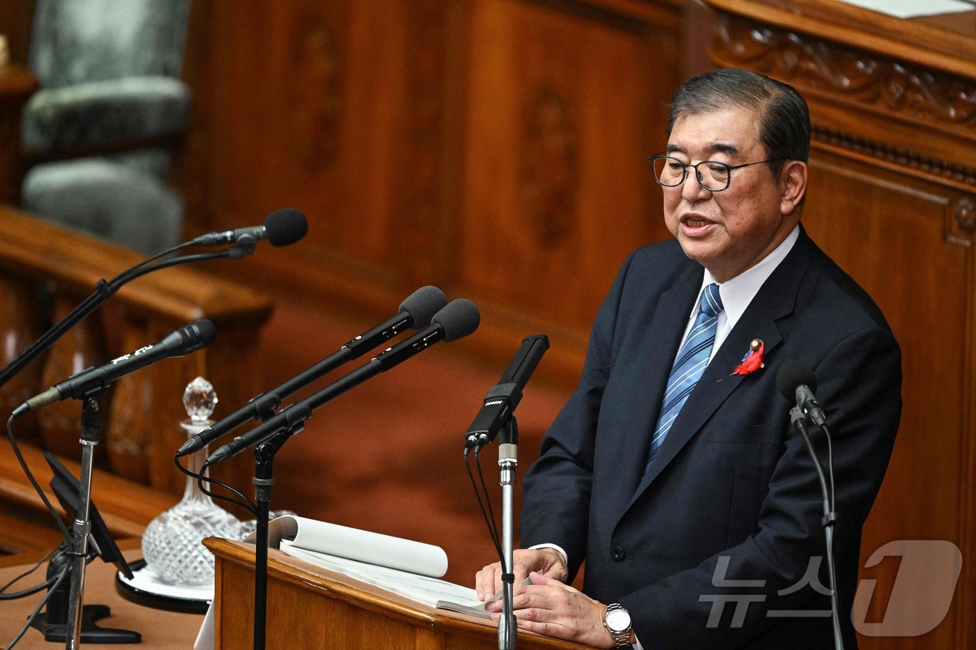 (도쿄 AFP=뉴스1) 김지완 기자 = 4일 일본 도쿄 국회의사당에서 이시바 시게루 총리가 소신표명연설을 하고 있다. 2024.10.04ⓒ AFP=뉴스1