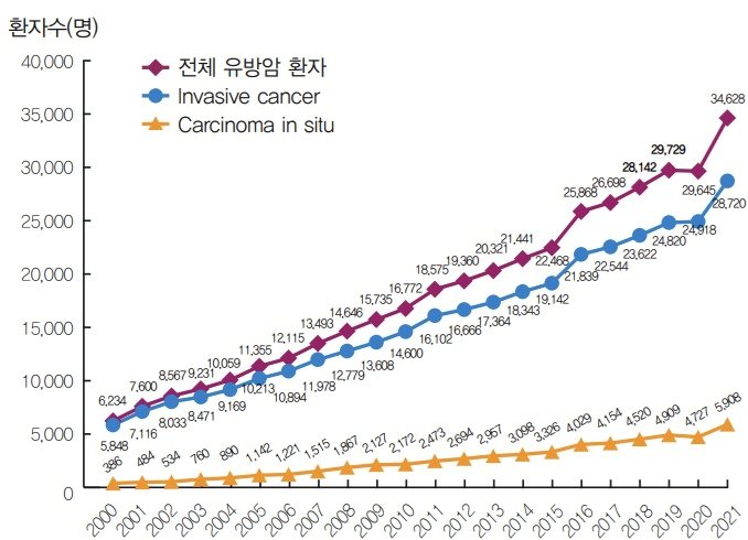 국내 여성 유방암의 연도별 발생 추이. &#40;유방암학회 제공&#41;