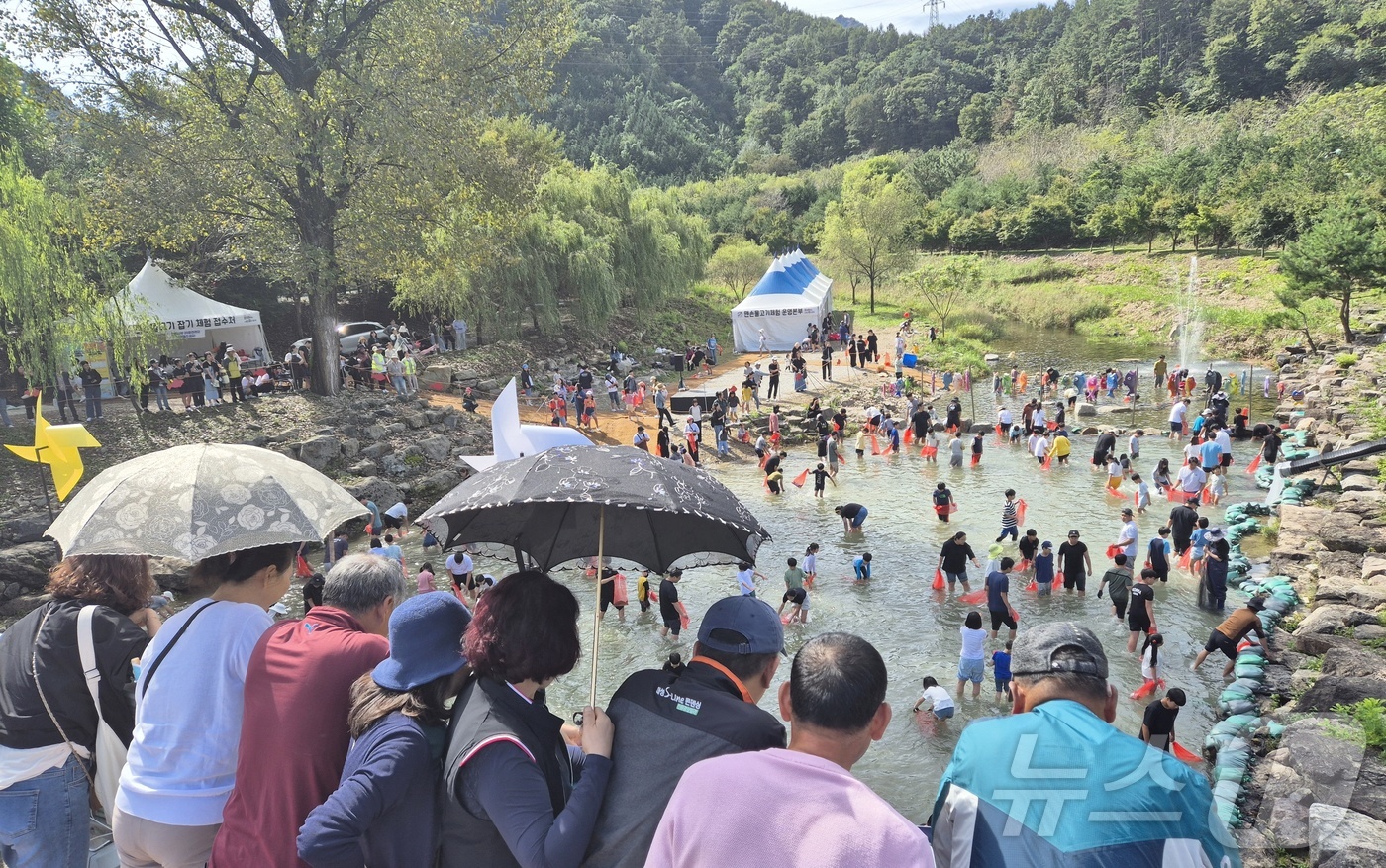 (완주=뉴스1) 강교현 기자 = 5일 전북 완주군 고산자연휴양림 일원에서 열린 완주와일드&로컬푸드 축제를 찾은 관광객들이 맨손 물고기 잡기 체험을 하고 있다. 2024.10.5/뉴 …