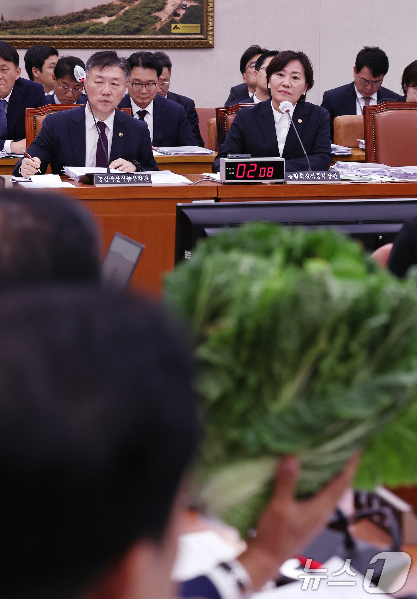 본문 이미지 - 농림축산식품부 송미령 장관&#40;오른쪽&#41;과 박범수 차관이 7일 오전 서울 여의도 국회에서 열린 농림축산식품해양수산위원회의 농림축산식품부에 대한 국정감사에 출석해 박덕흠 국민의힘 의원의 배추가격 관련 질의를 듣고 있다. 2024.10.7/뉴스1 ⓒ News1 구윤성 기자